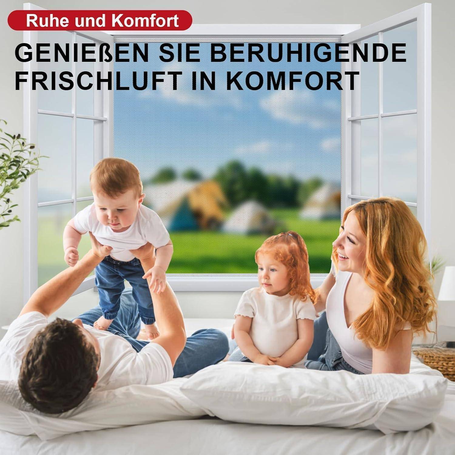 Anzeigenbild zeigt eine Familie, die sich auf einem Bett an einem offenen Fenster entspannt, mit deutschem Text „Ruhe und Komfort