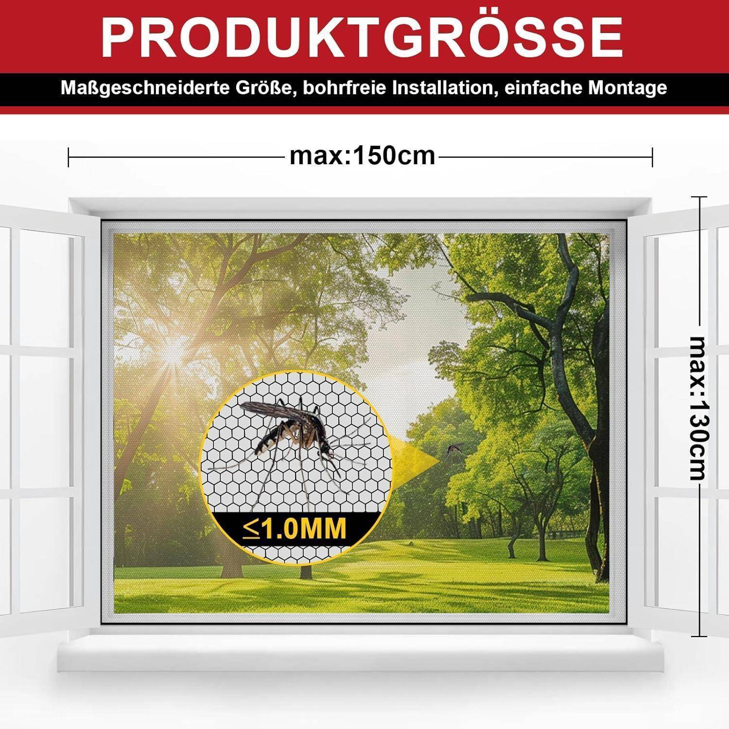 Fenster-Insektenschutzgitter-Plakat mit benutzerdefinierten Größenlimits: maximal 150 cm breit und maximal 130 cm hoch, mit Maschenweite unter 1,0 mm und einfache Installation ohne Bohren.