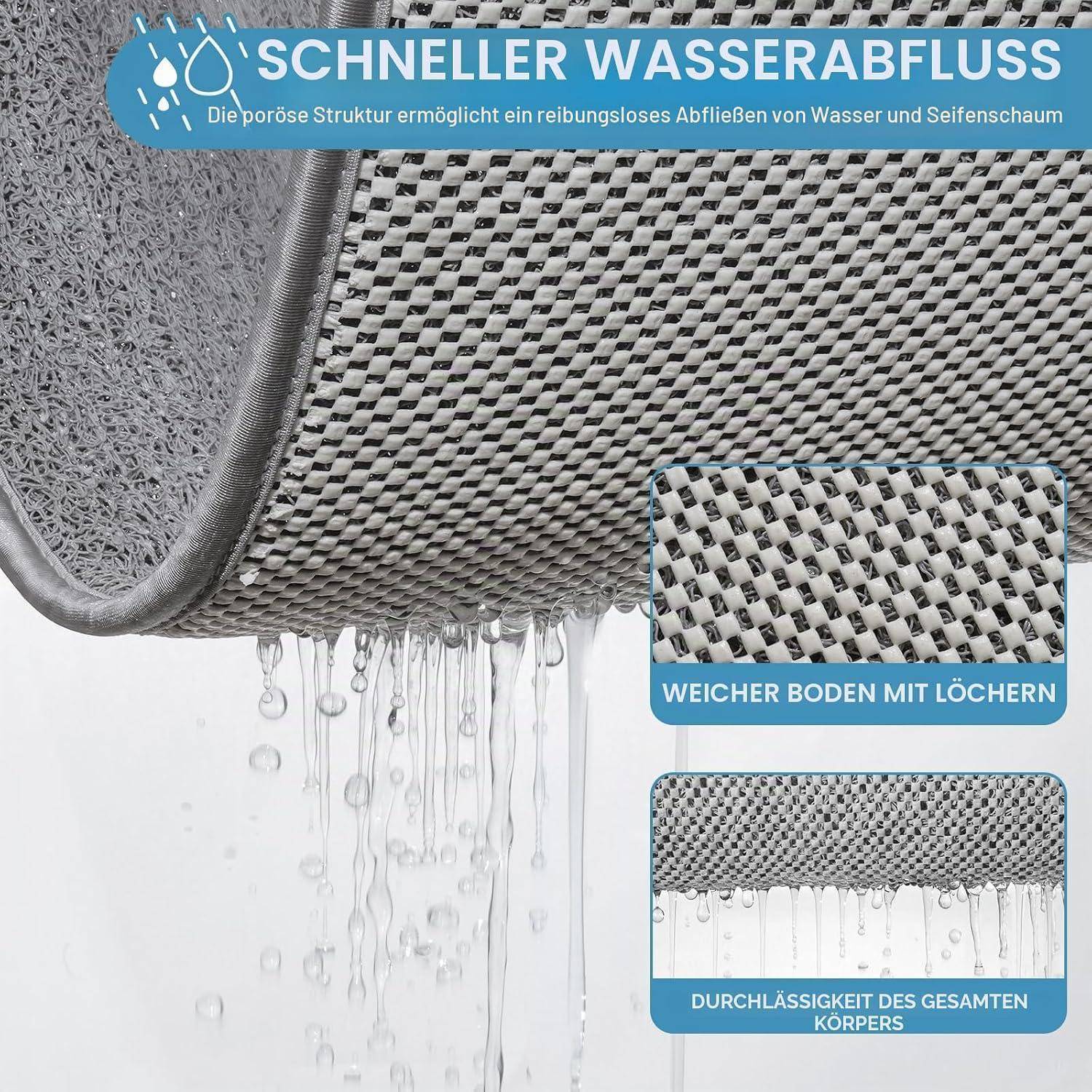 Nahaufnahme eines Mesh-Wäschekorbs mit ablaufendem Wasser, beschriftet mit „SCHNELLER WASSERABFLUSS