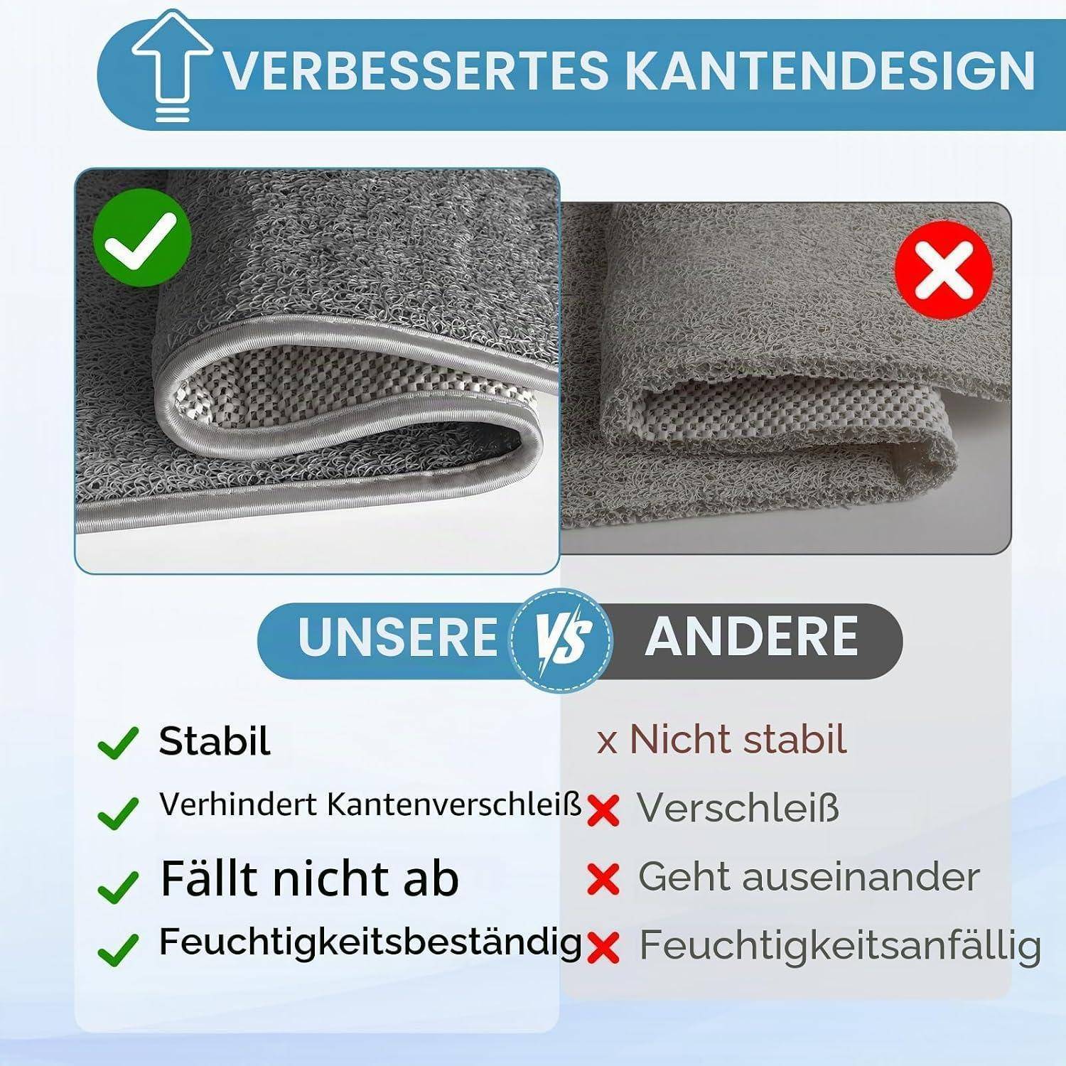 Duschmatte PVC rutschfest 60x40cm Grau mit Aufhängebändern