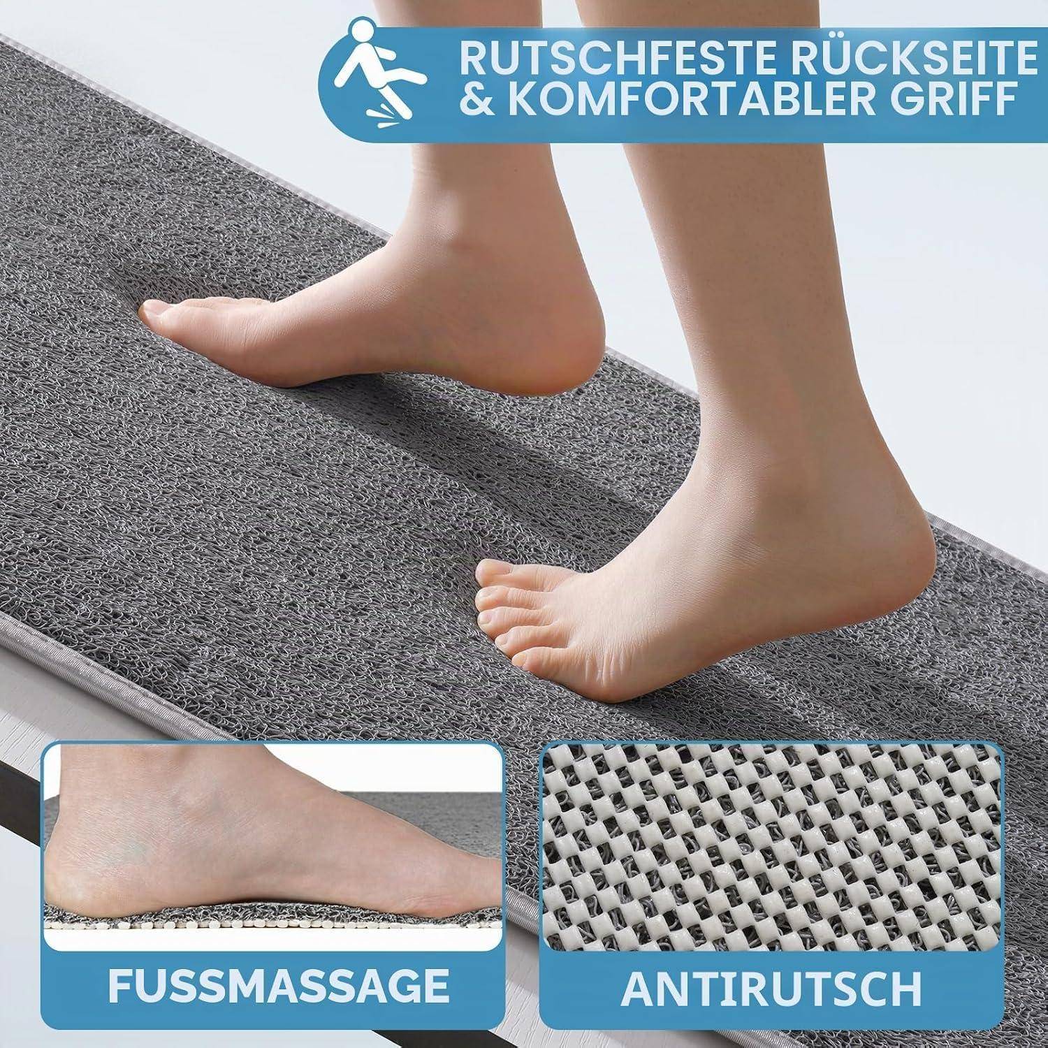 Füße auf einer grauen rutschfesten Matte mit Komfortgriff; eingefügte Nahaufnahmen mit den Bezeichnungen 
