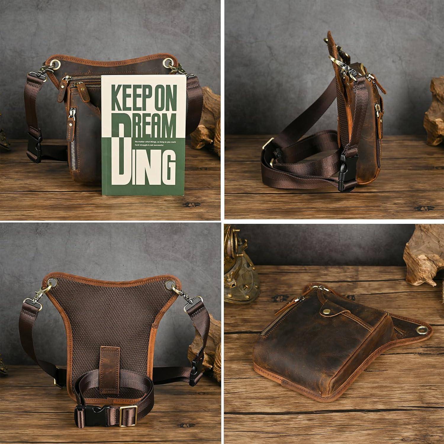 Vier Ansichten einer braunen Ledertasche zum Umhängen mit Riemen auf einem Holztisch; ein Panel zeigt eine Karte mit der Aufschrift „KEEP ON DREAMING" davor.