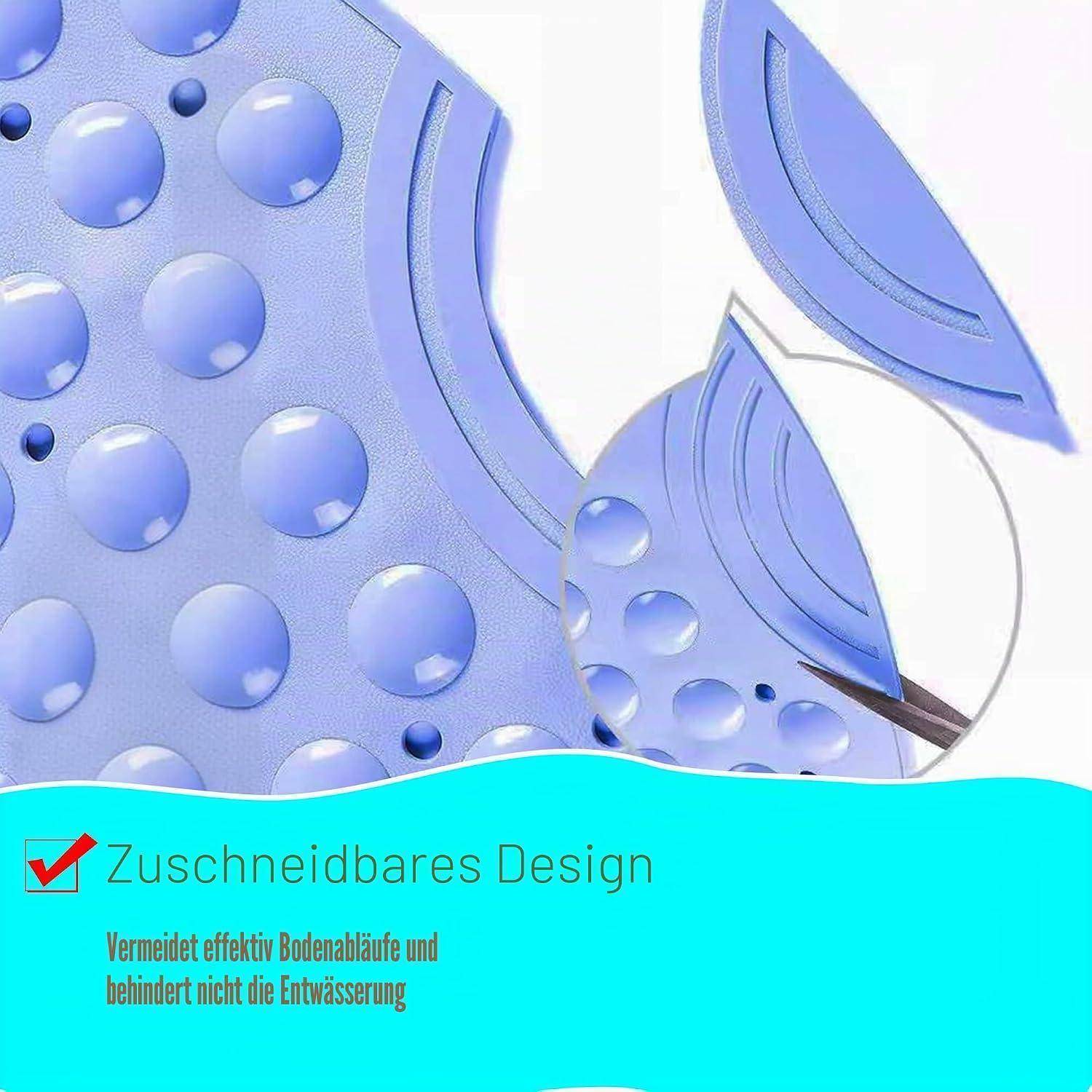 # Illustration einer zuschneidbaren blauen Drainmatte mit erhobenen Punkten; Der deutsche Text besagt „Zuschneidbares Design