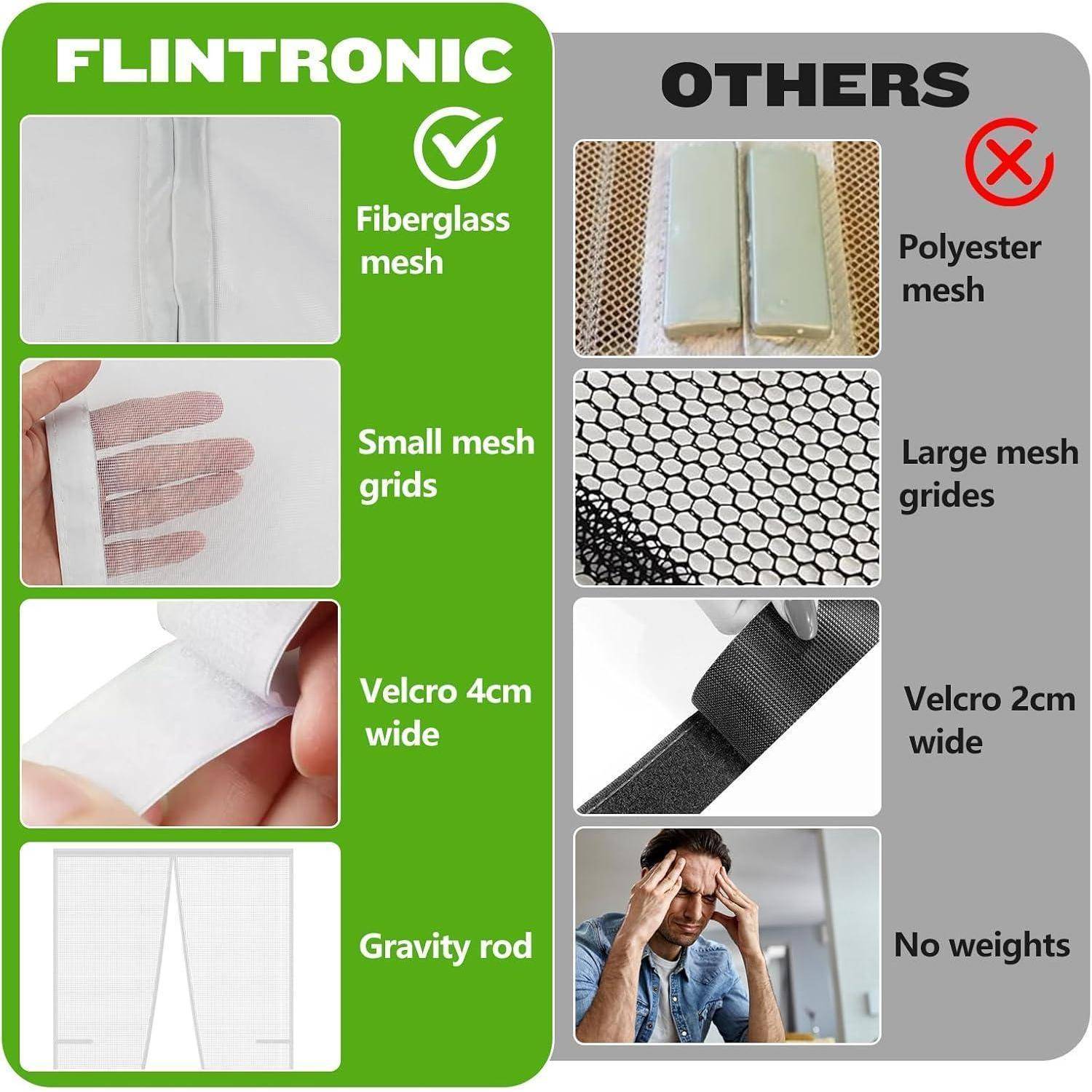 Vergleich-Infografik mit Flintronic-Funktionen versus andere: Glasfasergitter, kleine Maschenraster, 4cm Klettverschluss und Schwerestab, im Gegensatz zu Polyestergitter, große Raster, 2cm Klettverschluss und ohne Gewichte.