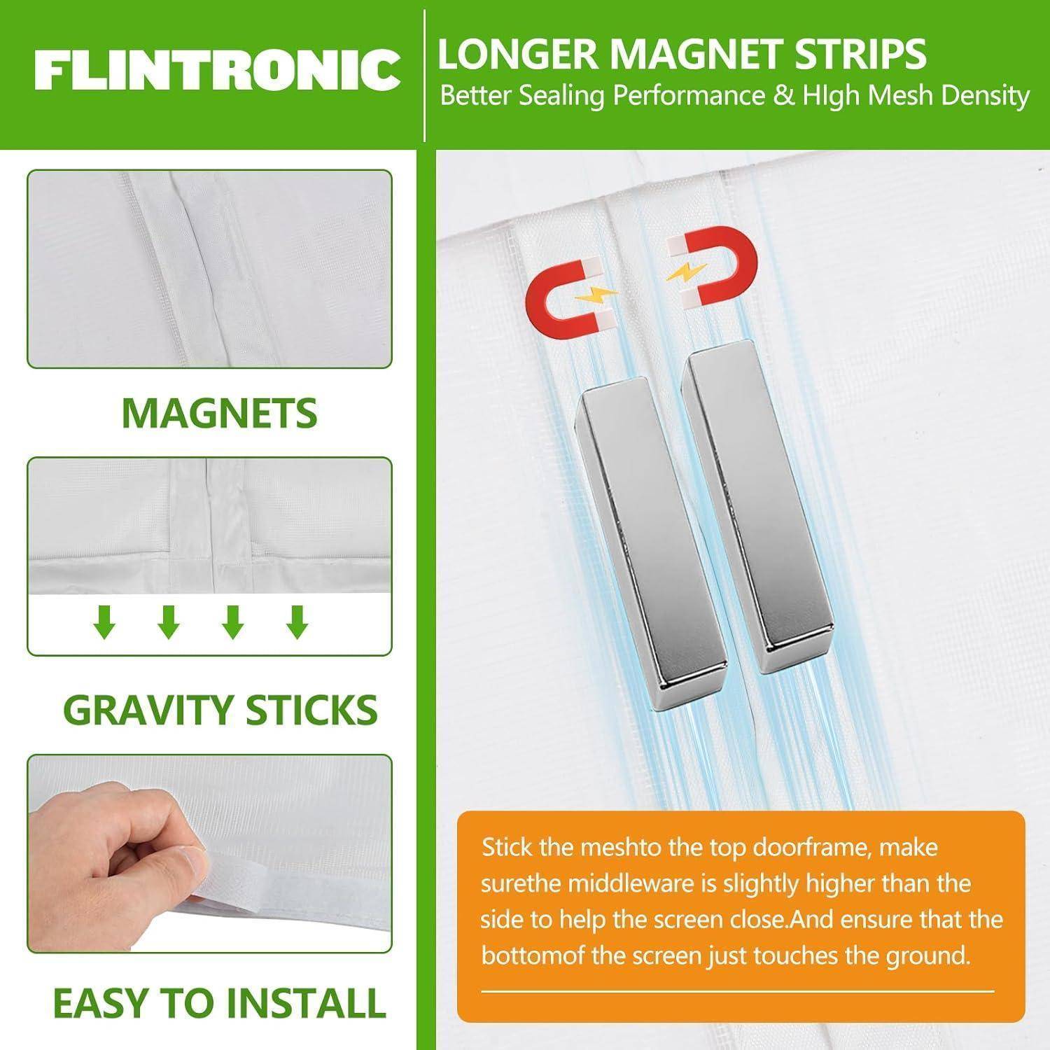 Werbegrafik für FLINTRONIC längere Magnetstreifen mit Magneten und Schwerkraftstiften für einfache Fliegengittertür-Installation und bessere Abdichtung.