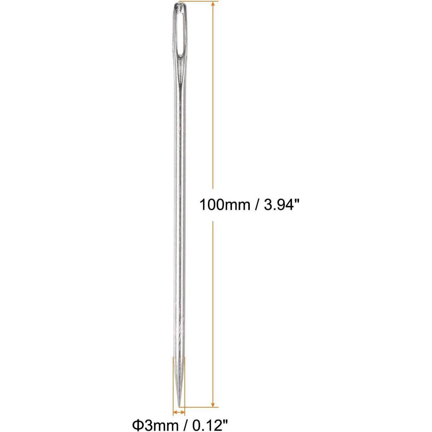 Diagramm einer Nähnadel mit Öhr an der Spitze, gekennzeichnet als 100 mm (3,94 Zoll) lang und 3 mm (0,12 Zoll) breit.
