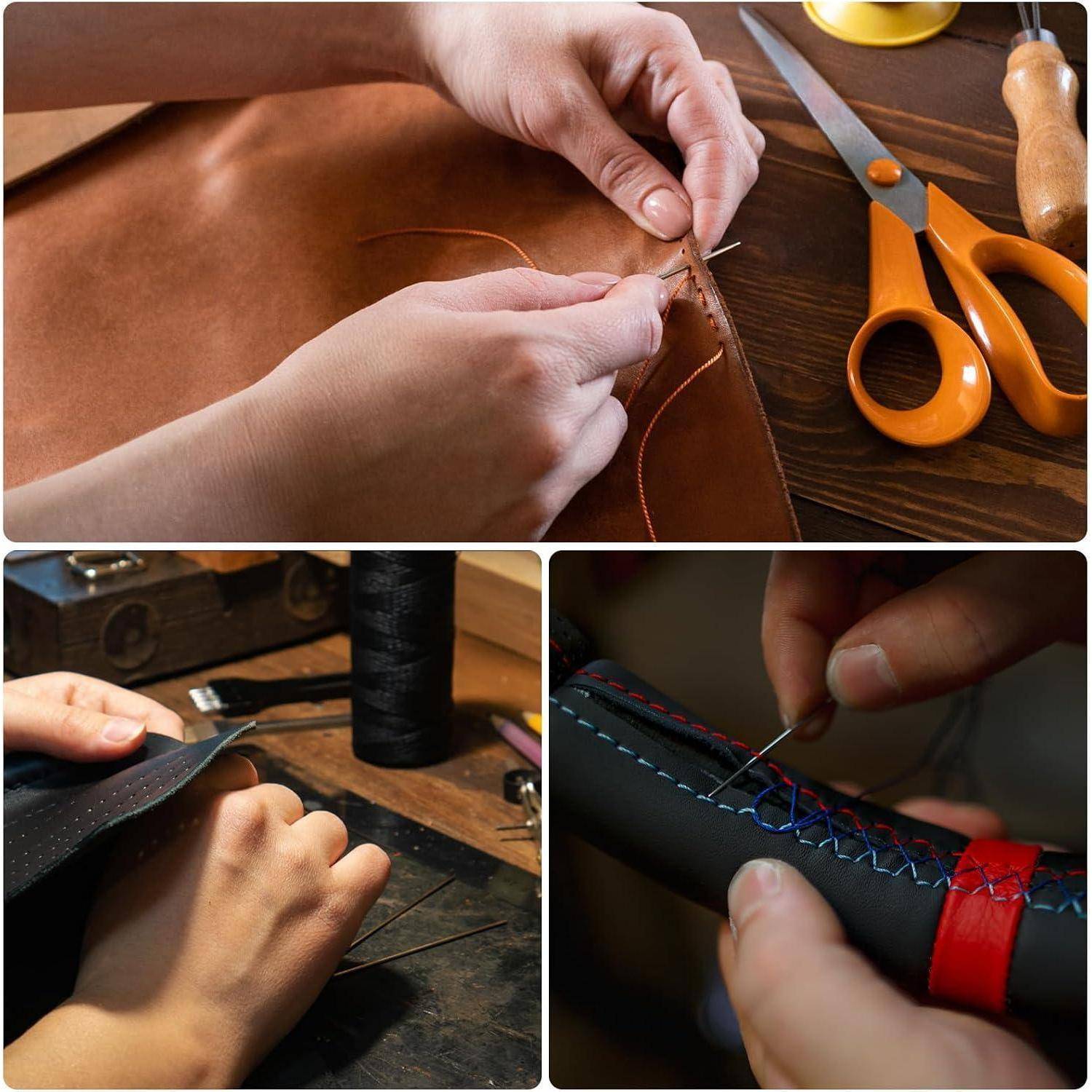 Dreipanel-Collage von Händen, die Lederwaren mit Nadel und Faden an einer Werkbank von Hand nähen, zeigt Lederhandwerk-Reparatur und Nähdetails.
