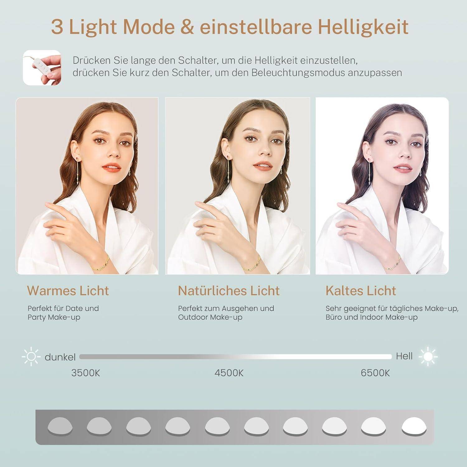 Unterrichtsgrafik mit 3 Lichtmodi und einstellbarer Helligkeit: Warmes, natürliches und kühles Licht für Make-up, mit Schieberegler für 3500K-6500K Helligkeit und Schaltersteuerung.