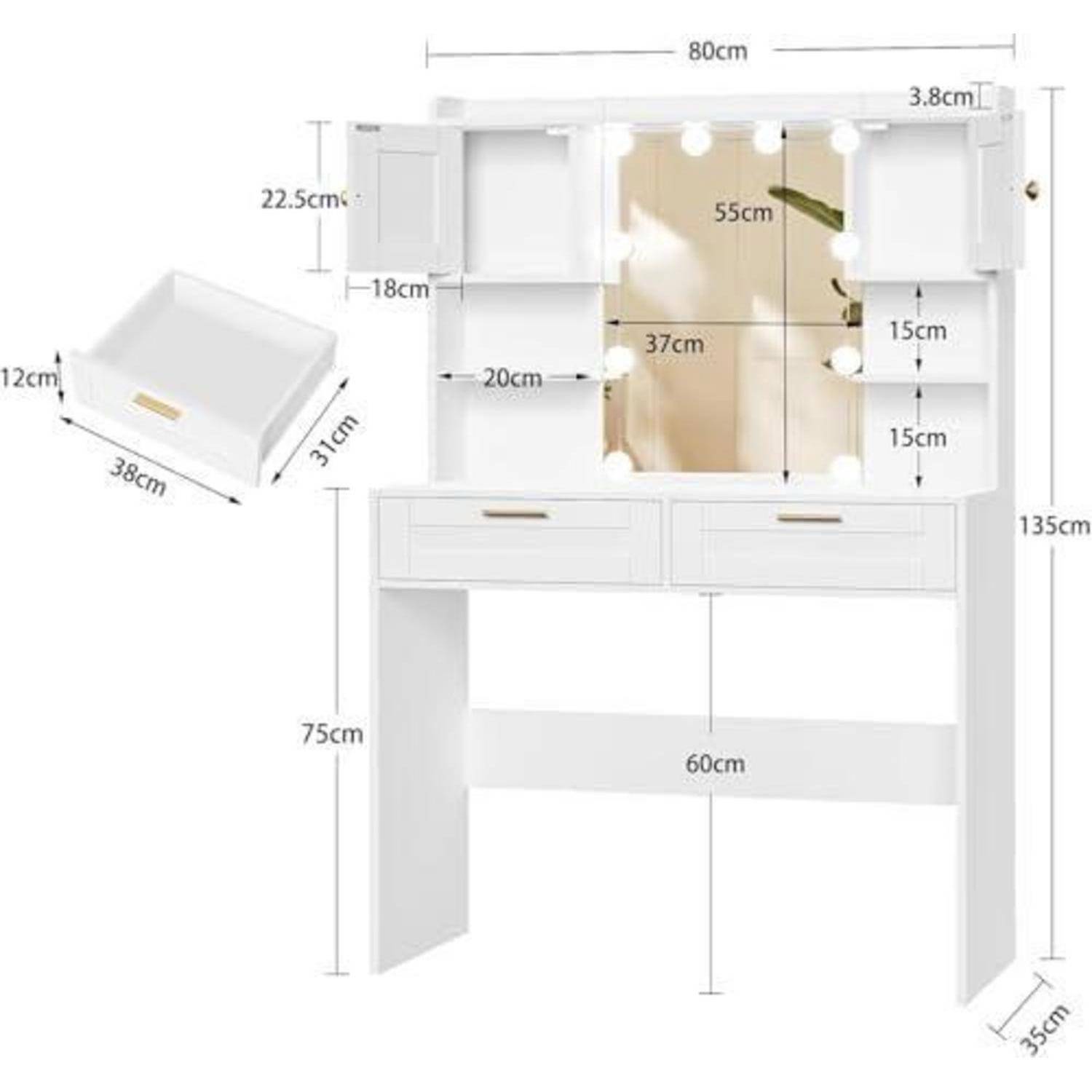 Diagramm eines weißen Frisiertisches mit Spiegel und Seitenschränken, mit folgenden Abmessungen: 80 cm breit, 135 cm hoch, 35 cm tief, sowie passender Hocker mit den Abmessungen 38 x 31 x 12 cm.