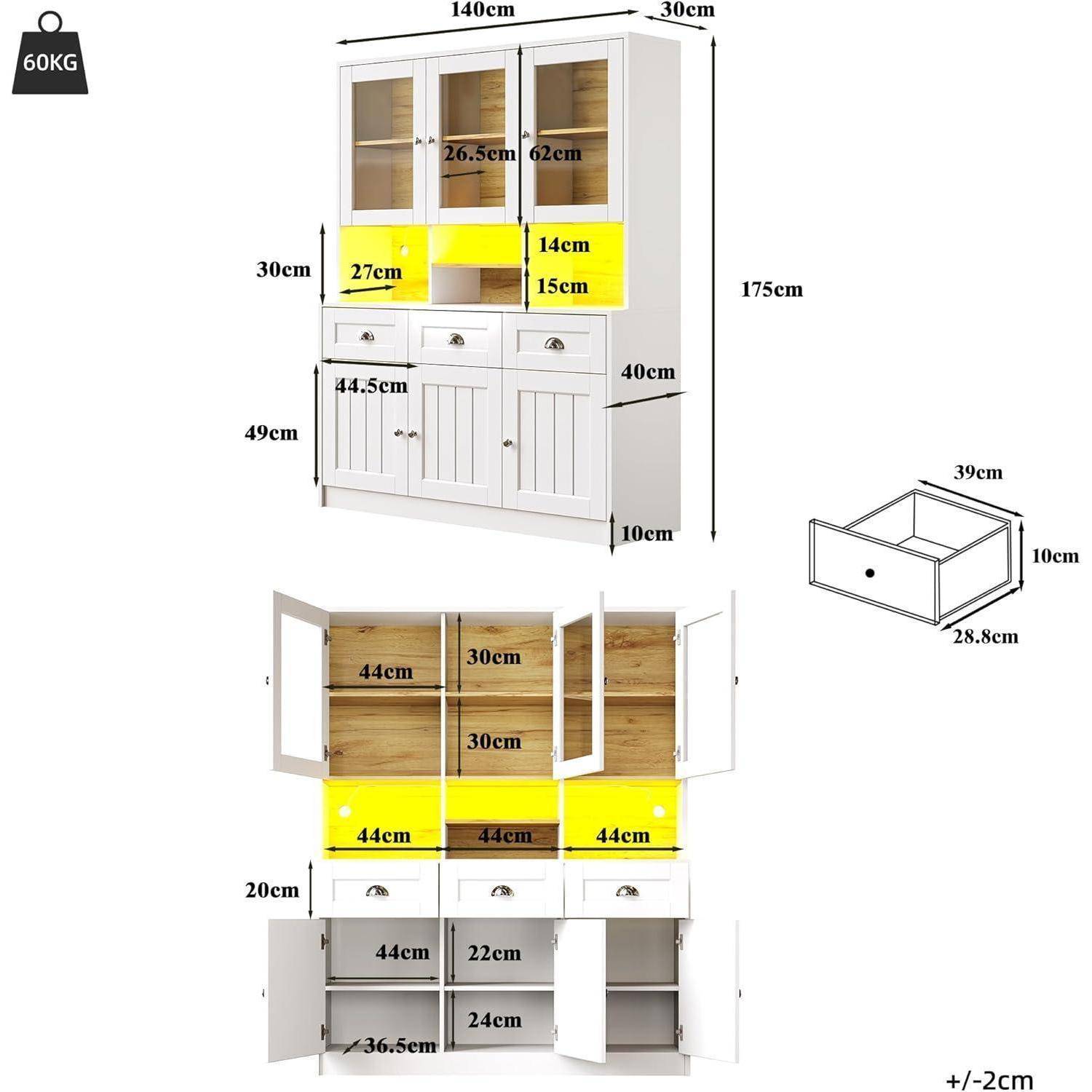 Dimensionierte Abbildung eines weißen Küchenschranks mit Glashutch, Schubladen und unteren Schränken; beschriftet 140cm breit, 175cm hoch, 30cm tief, mit Regal- und Schubladenmessungen.