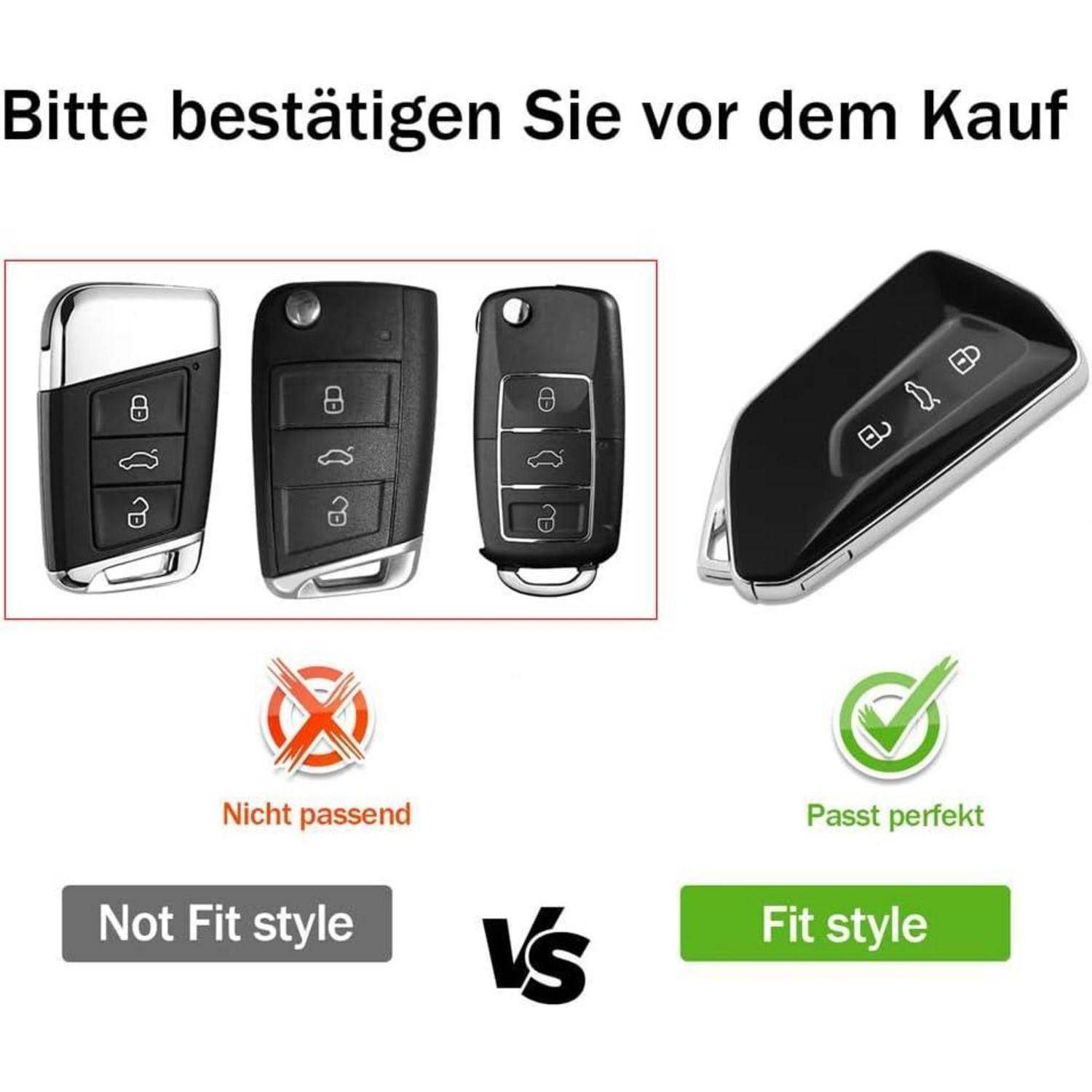 Anleitung-Grafik zum Vergleich von Autoschlüsselbünden: Die linken Stile sind mit "Nicht passend"" und ""Not Fit style"" gekennzeichnet, während der rechte Schlüsselbund mit ""Passt perfekt"" und ""Fit style"" nach Kaufbestätigung gekennzeichnet ist.