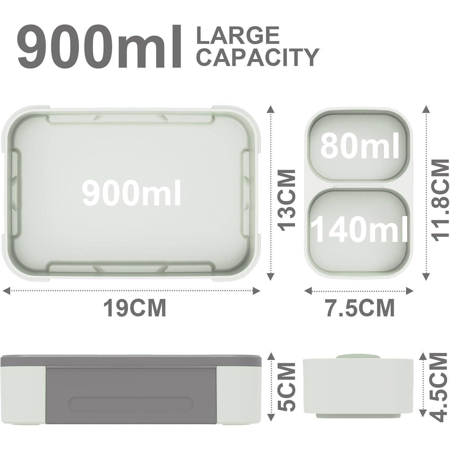 Behälterset mit 900ml großem Tablett mit hoher Kapazität und zwei kleineren Behältern mit den Bezeichnungen 80ml und 140ml, mit angegebenen Abmessungen: 19cm x 13cm, 7,5cm x 11,8cm und 5cm x 4,5cm.