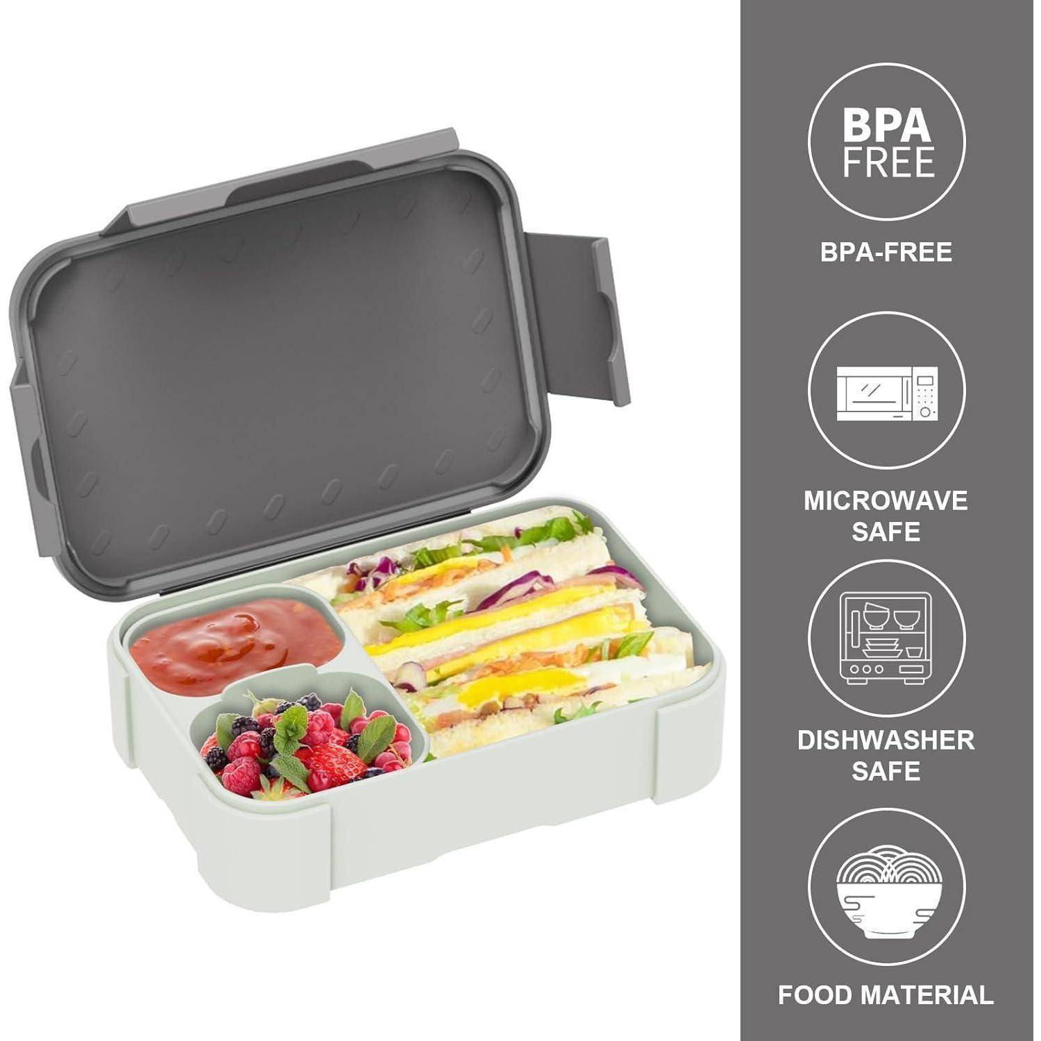 BPA-freier Lebensmittelbehälter mit geöffnetem Deckel, der Sandwiches, Beeren und Dip enthält; Seitensymbole zeigen mikrowellensicher, spülmaschinensicher und Lebensmittelmaterial.