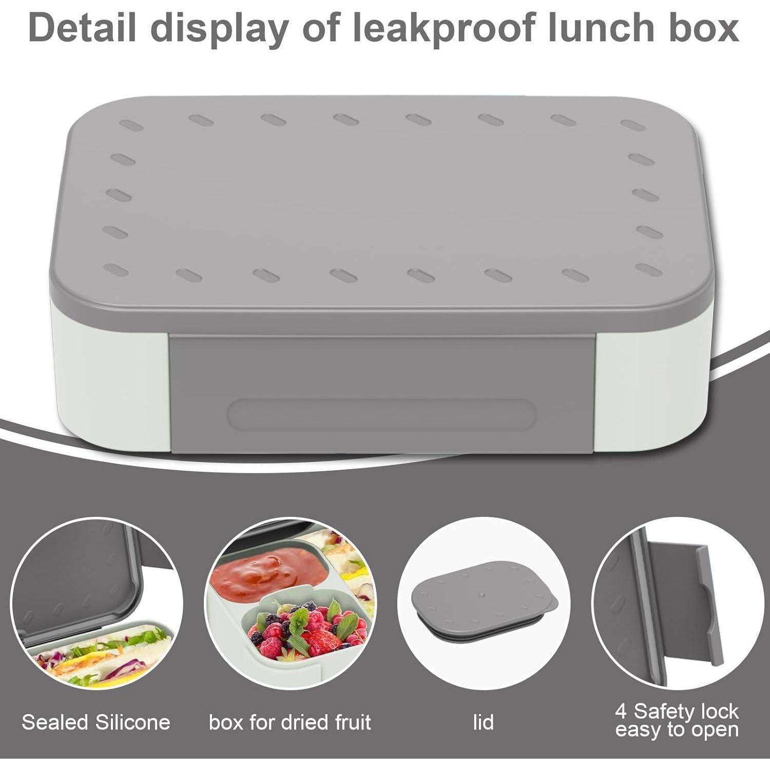 Illustration einer auslaufsicheren Lunchbox mit grauem Deckel und Seitenverschluss, die versiegelte Silikon-, Trockenfruchtkammern und einen benutzerfreundlichen Sicherheitsverschluss zeigt.