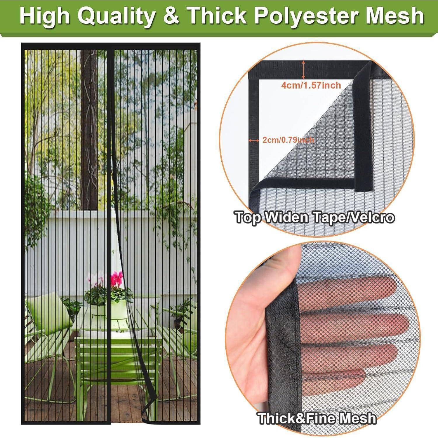 Produktbild eines schwarzen Polyester-Netzgardinen-Vorhangs über einer Türöffnung, mit Nahaufnahmen, die das obere Klettband und das feine dicke Netz zeigen.