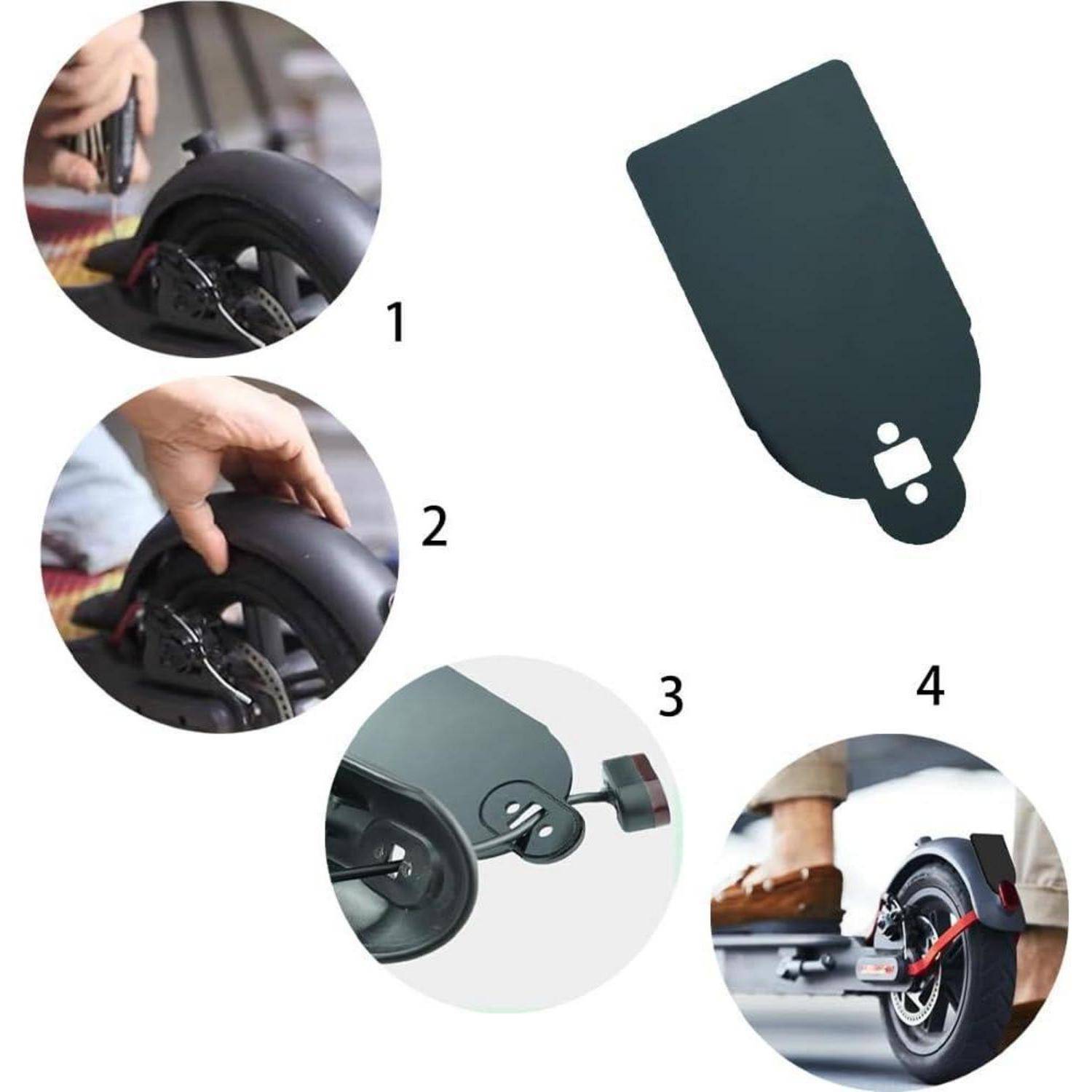 Schrittweise Bilder zeigen, wie eine Klipp-Schutzblech oder ein Spritzschutz an das Hinterrad eines Elektroscooters angebracht wird, mit nummerierten Installationsschritten 1 bis 4.