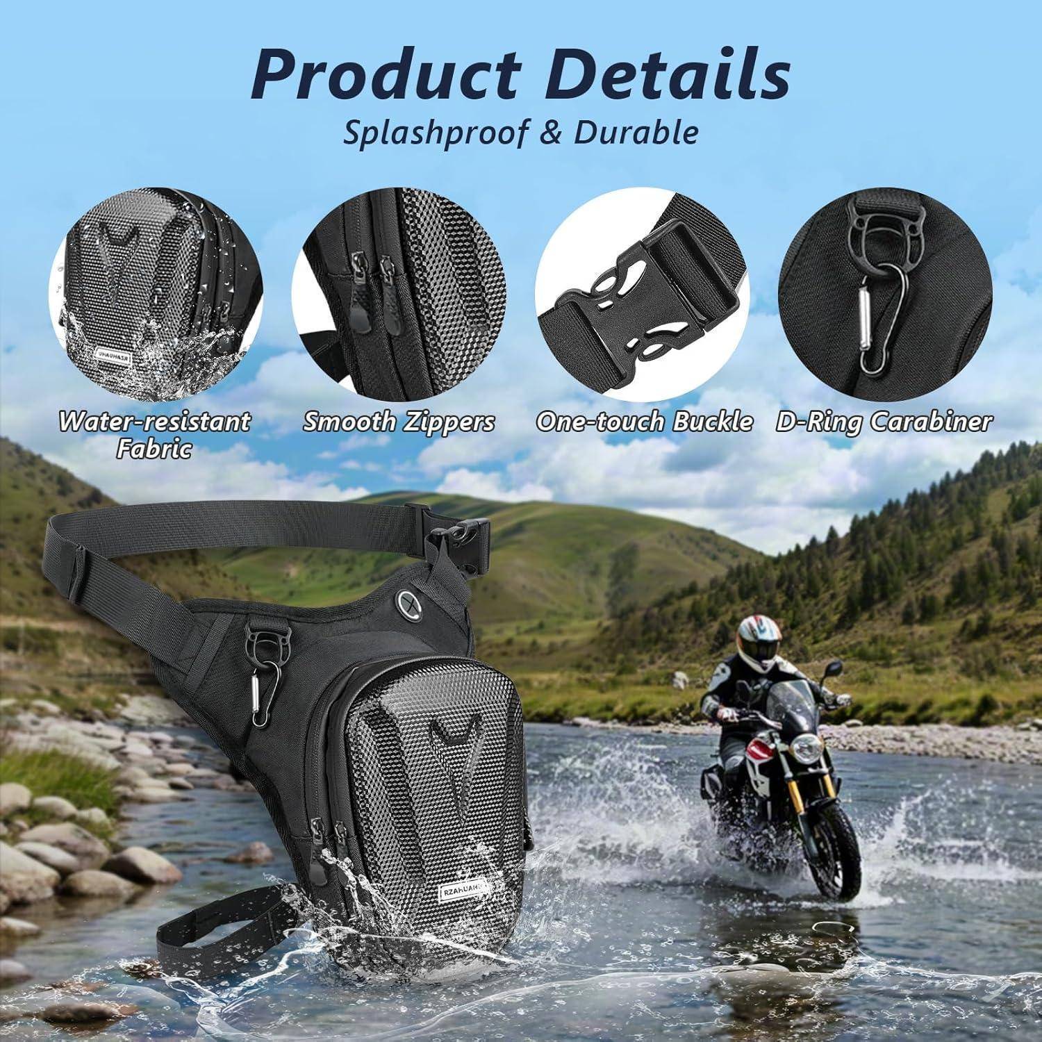 Promotional-Produktbild einer schwarzen wasserdichten Umhänge-Gürteltasche in einer Flussüberquerungsszene, die wasserbeständiges Gewebe, glatte Reißverschlüsse, eine Einhebel-Schnalle und einen D-Ring-Karabiner hervorhebt.