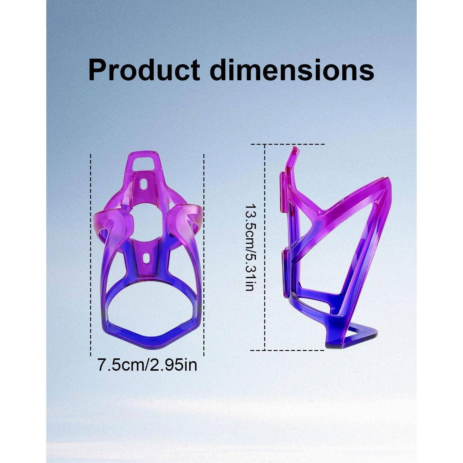 Produktabmessungen eines violetten Fahrradflaschenhalters: 7,5 cm breit und 13,5 cm hoch, dargestellt von vorne und von der Seite.