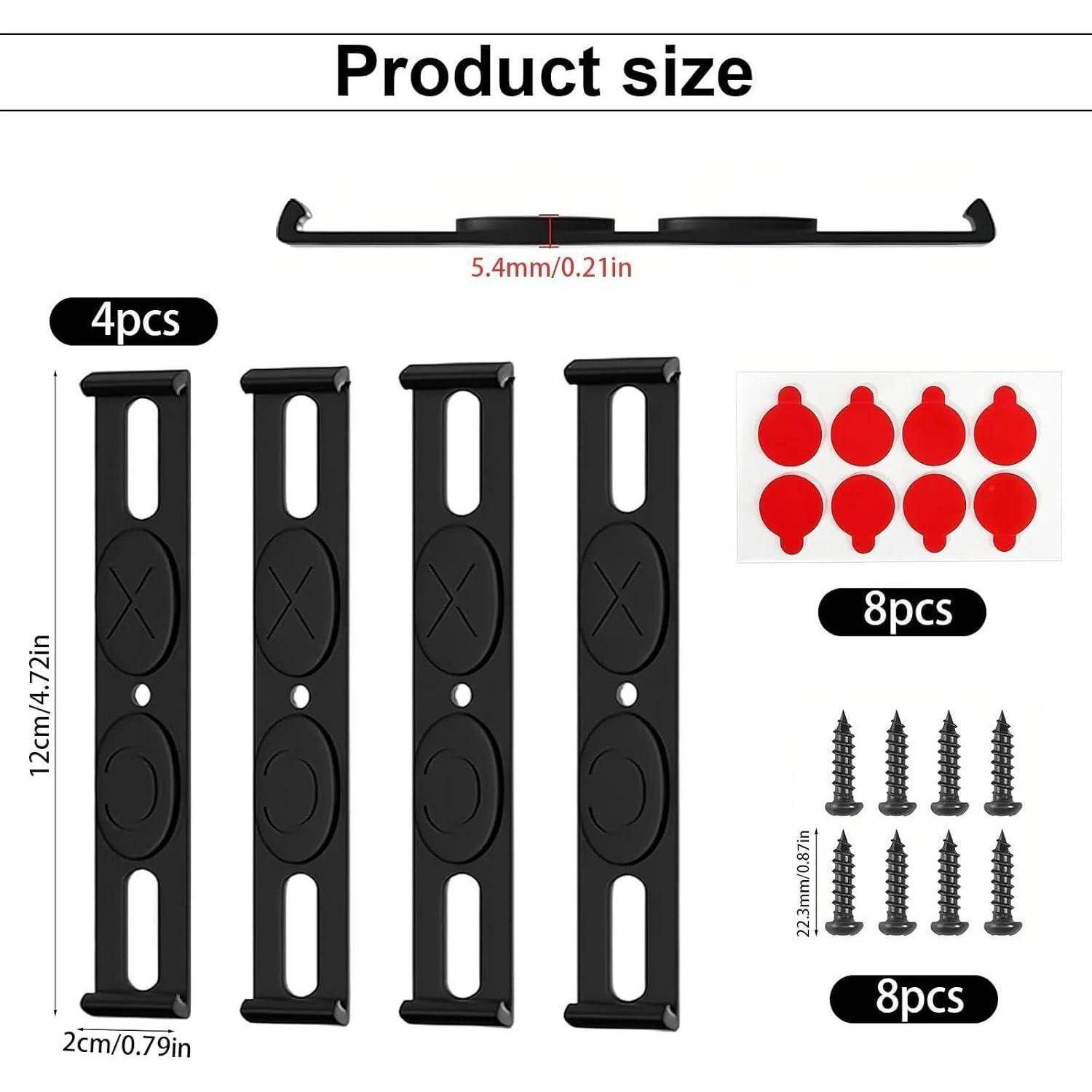 Produktgrößendiagramm mit einer schwarzen Montageklammer von 12 cm x 2 cm, 4 schwarzen Teilen, 8 roten Pads und 8 Schrauben mit beschrifteten Abmessungen.