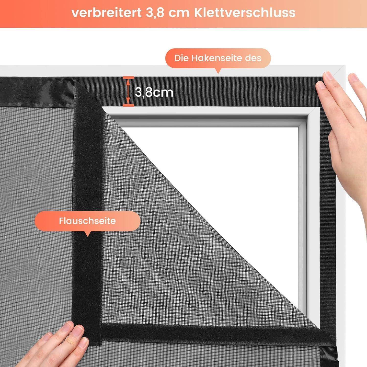 Diagramm zeigt einen 3,8 cm breiten Klettverschluss um ein Fenstersieb, mit Beschriftung der Hakenseite und der Flauschseite auf Deutsch.