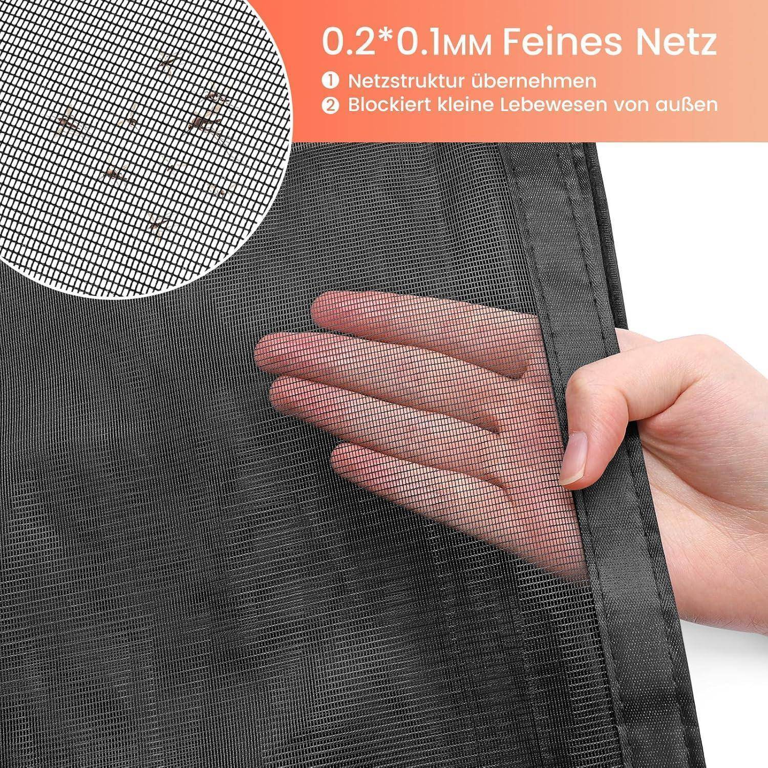 Nahaufnahme eines feinen schwarzen Maschengewebes, das von einer Hand gehalten wird, mit Text, der „0,2*0,1MM Feines Netz