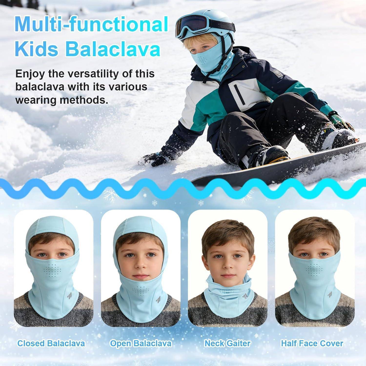 Werbegrafik für eine "Multifunktionale Kinder-Sturmhaube"" mit einem Kind beim Skifahren und vier Tragearten: geschlossene Sturmhaube, offene Sturmhaube, Nackenmanschette und halbseitiger Gesichtsschutz.