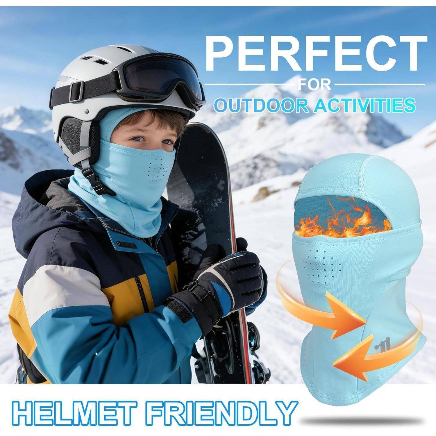 Wintersportanzeige mit einem Kind in Skiausrüstung mit Helm und Gesichtsbedeckung, neben einer Helmillustration mit Flammengrafik und Text "PERFEKT FÜR OUTDOOR-AKTIVITÄTEN"" und ""HELMFREUNDLICH"