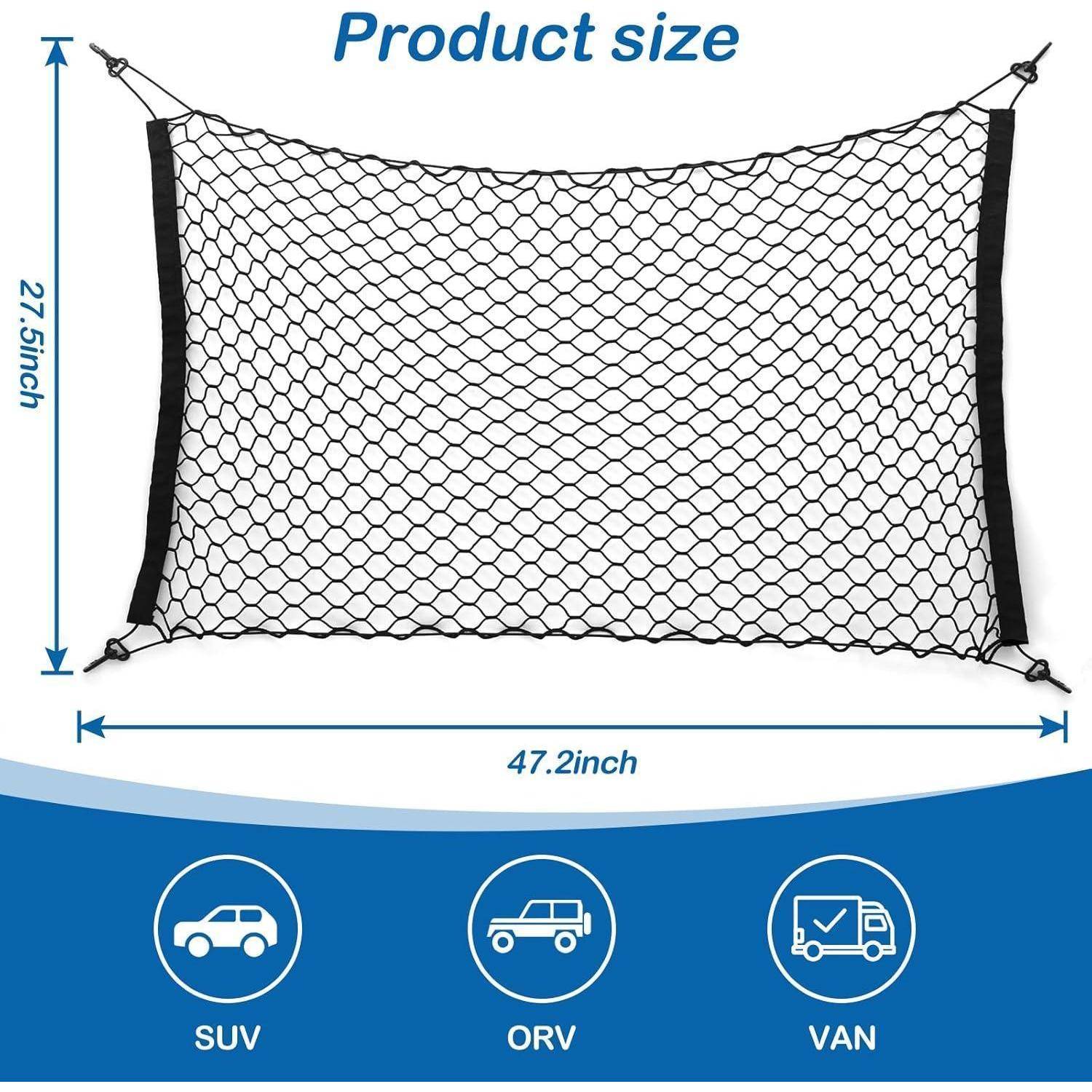 Größendiagramm einer Ladenetz, 47,2 Zoll breit mal 27,5 Zoll hoch, geeignet für SUV, ORV und Transporter.