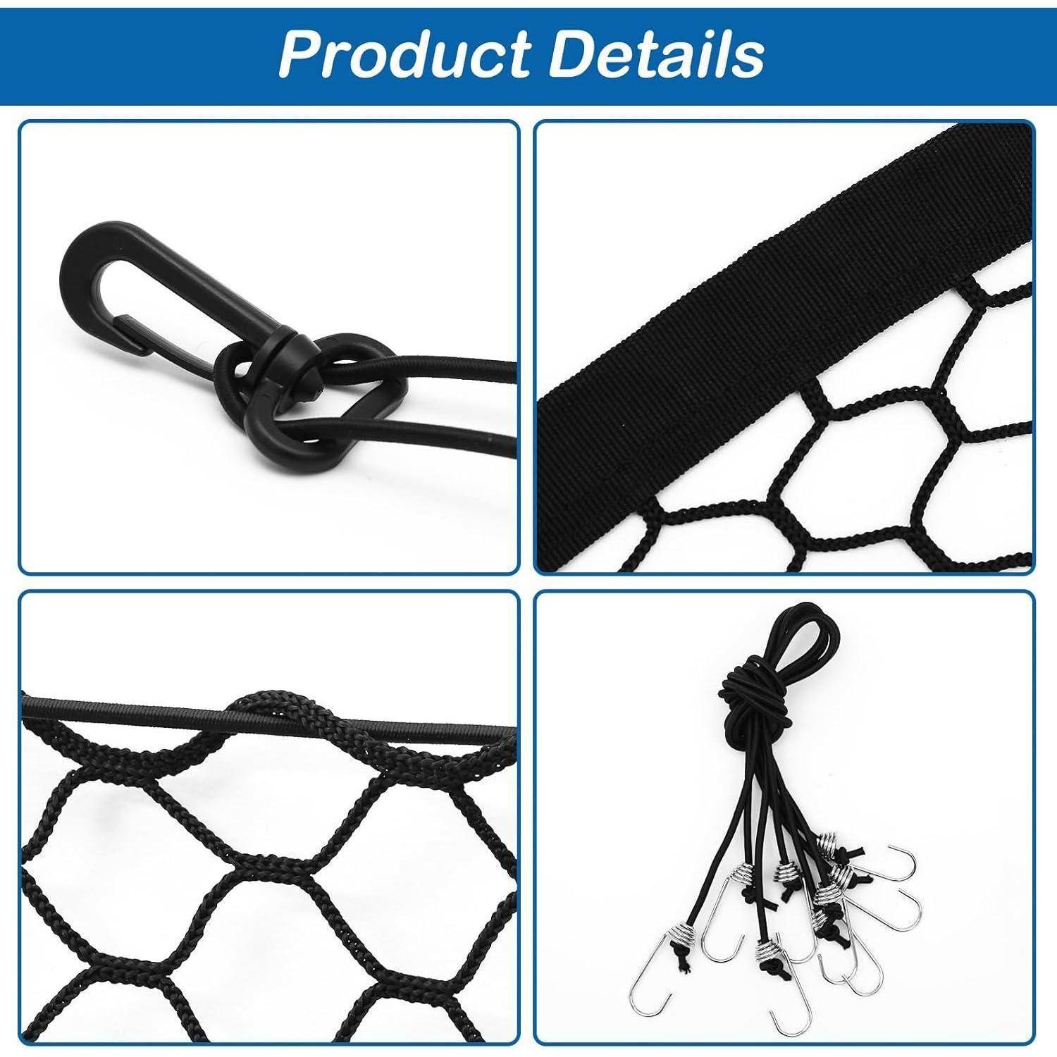 Produktdetails zeigen ein schwarzes Ladungsnetz mit elastischem Maschengewebe, karabinerstil-Haken und Nahaufnahmen der Befestigungshardware und des Webstoffes.
