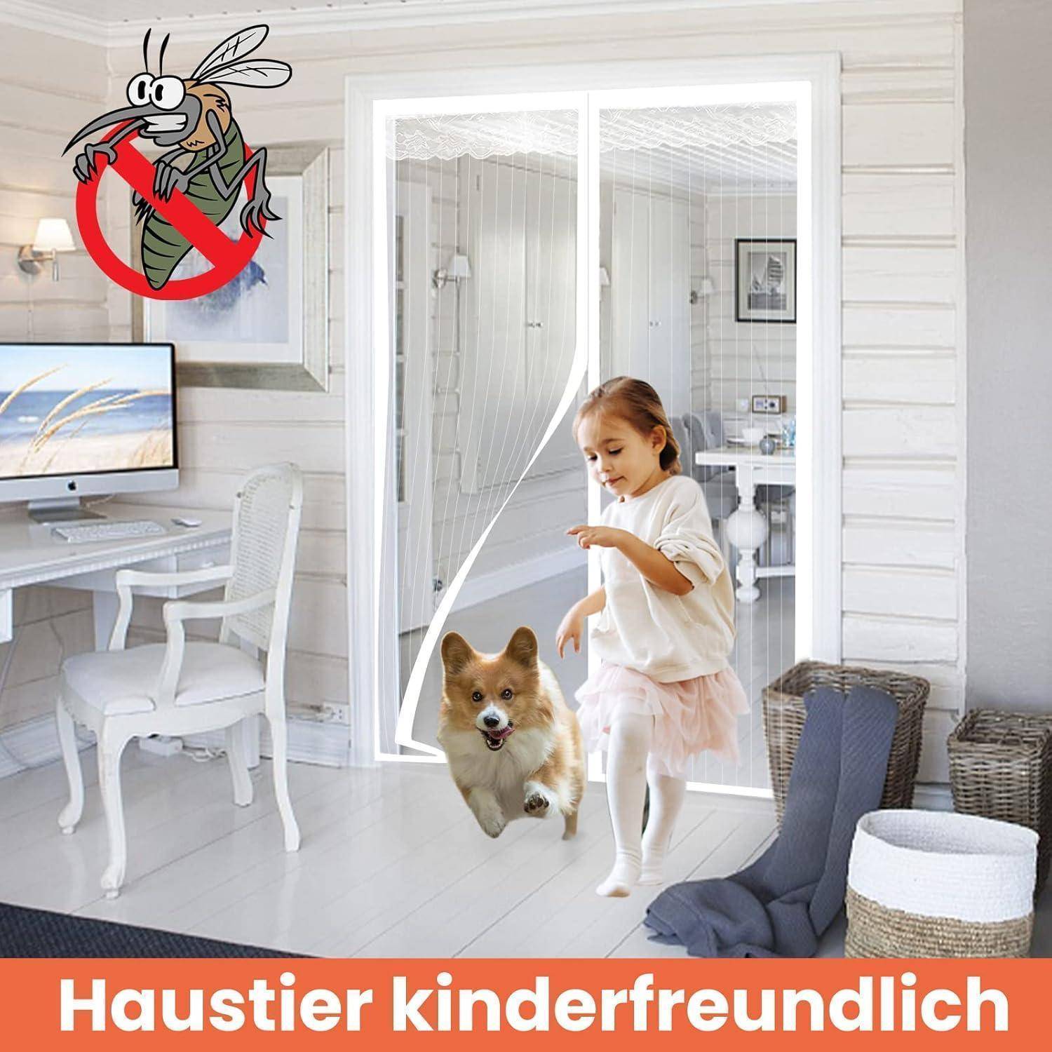Junges Mädchen spielt drinnen neben einem Corgi in der Nähe einer Glastür, mit einem Symbol 