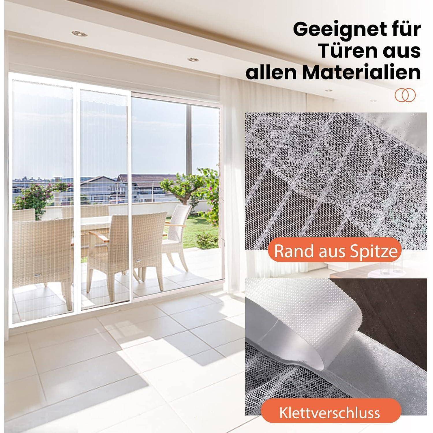 Schiebendes Insektenschutzgitter auf einer Terrassentür mit Nahaufnahmen von Netzrändern, beschriftet mit „Rand aus Spitze