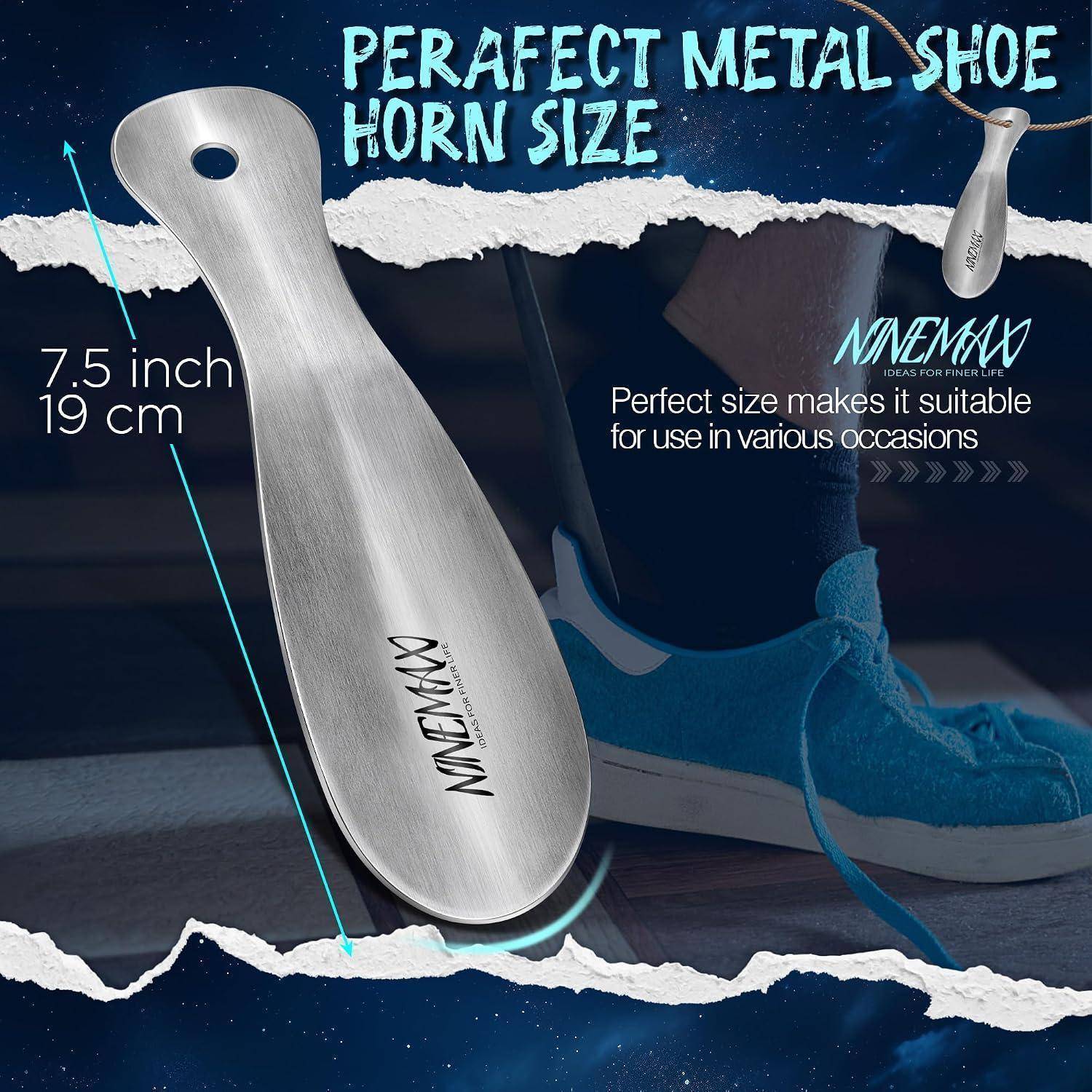 Produktanzeige für einen Metallschuhlöffel mit der Bezeichnung „Perfect Metal Shoe Horn Size