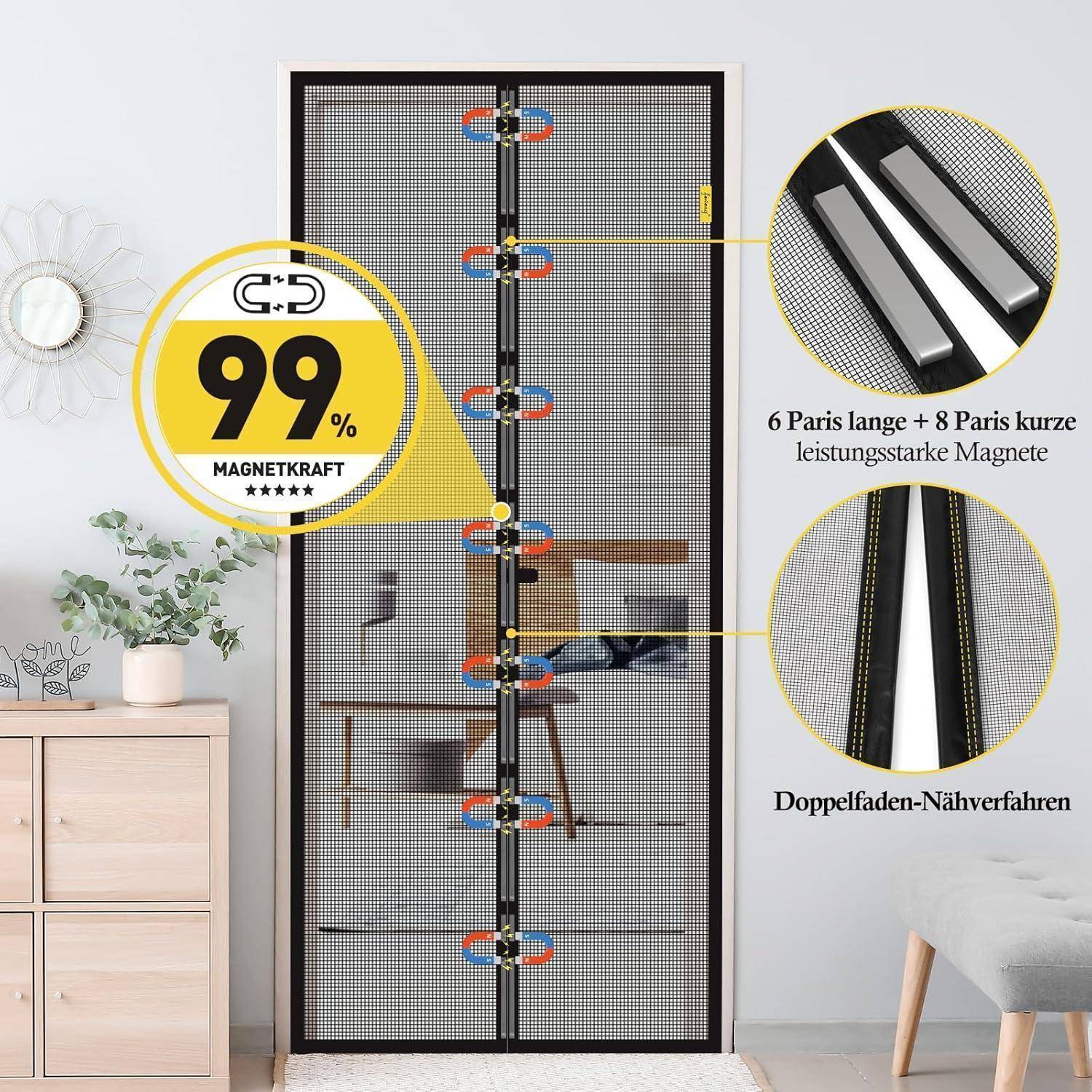 Magnetische Mesh-Türfliegengitter in der Mitte eines Raumes positioniert, mit Beschriftungen, die 99% magnetische Kraft, 6 lange und 8 kurze Magnete sowie doppeltes Fadenstichverfahren hervorheben.