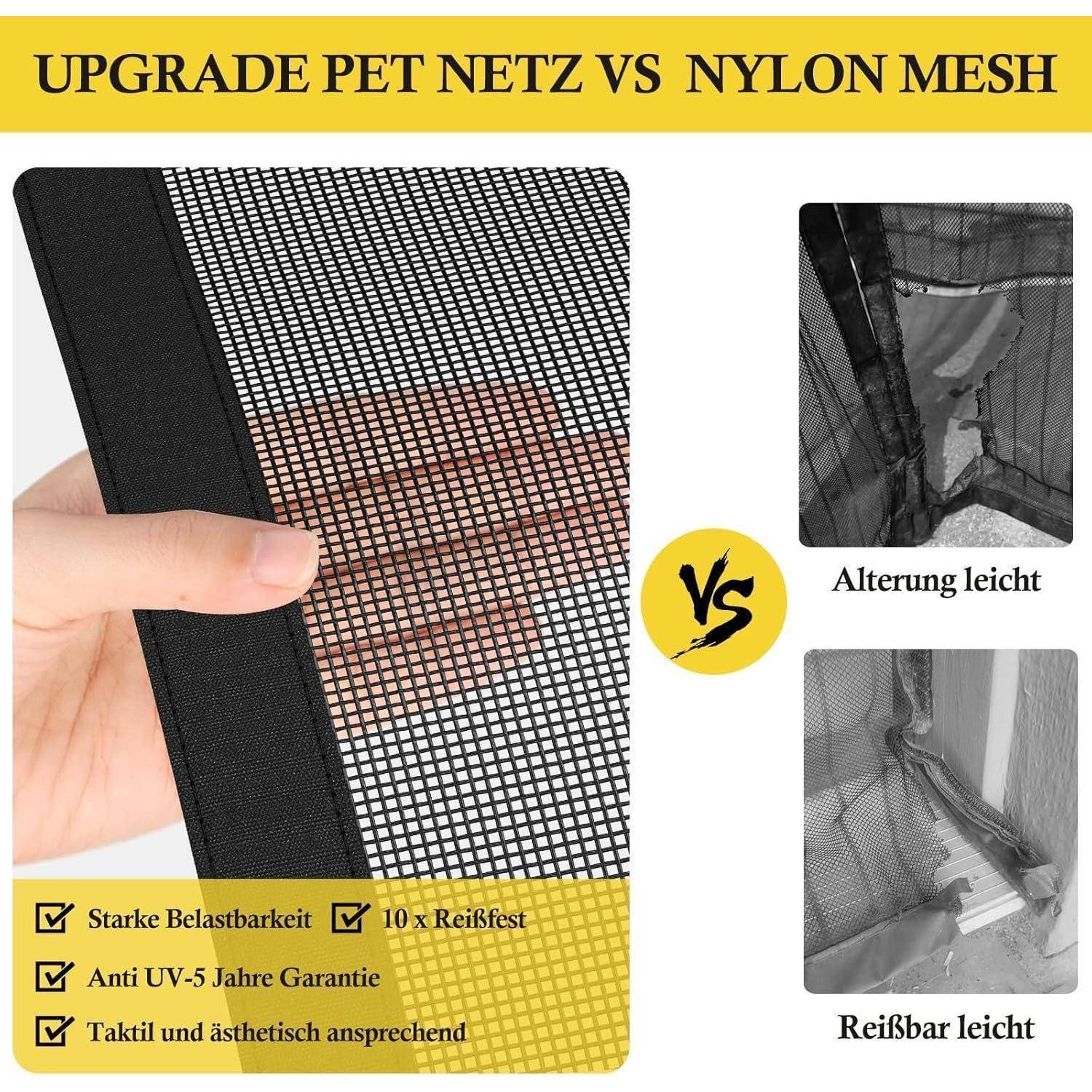 Vergleichsgrafik: PET-Netz vs. Nylon-Mesh; PET-Netz ist stärker, UV-beständig für 5 Jahre und attraktiver, während Nylon-Mesh leicht reißt und schnell altert.