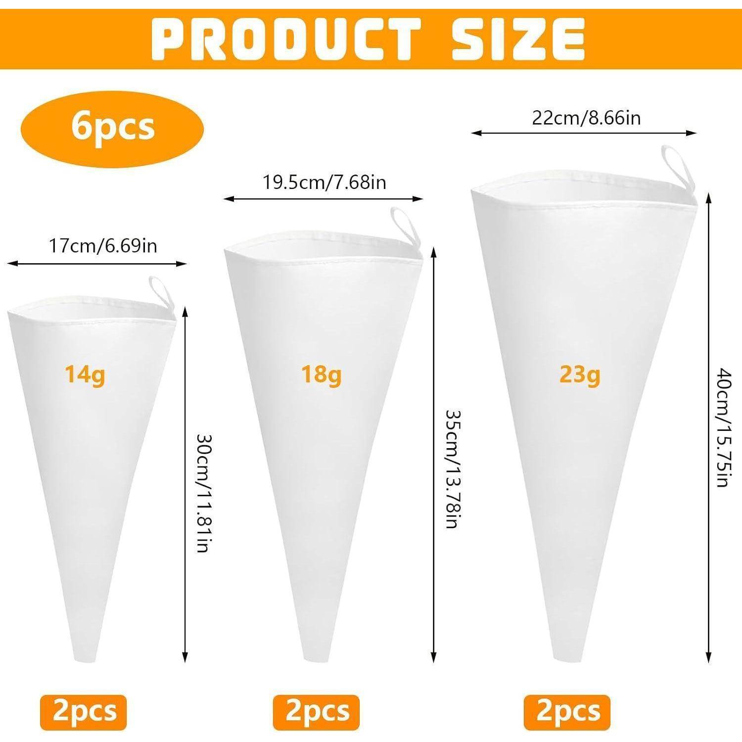 Größentabelle für 6 konische Filterbeutel: je 2 Beutel à 17cm/14g, 19,5cm/18g und 22cm/23g, mit Höhen von 30cm, 35cm und 40cm.