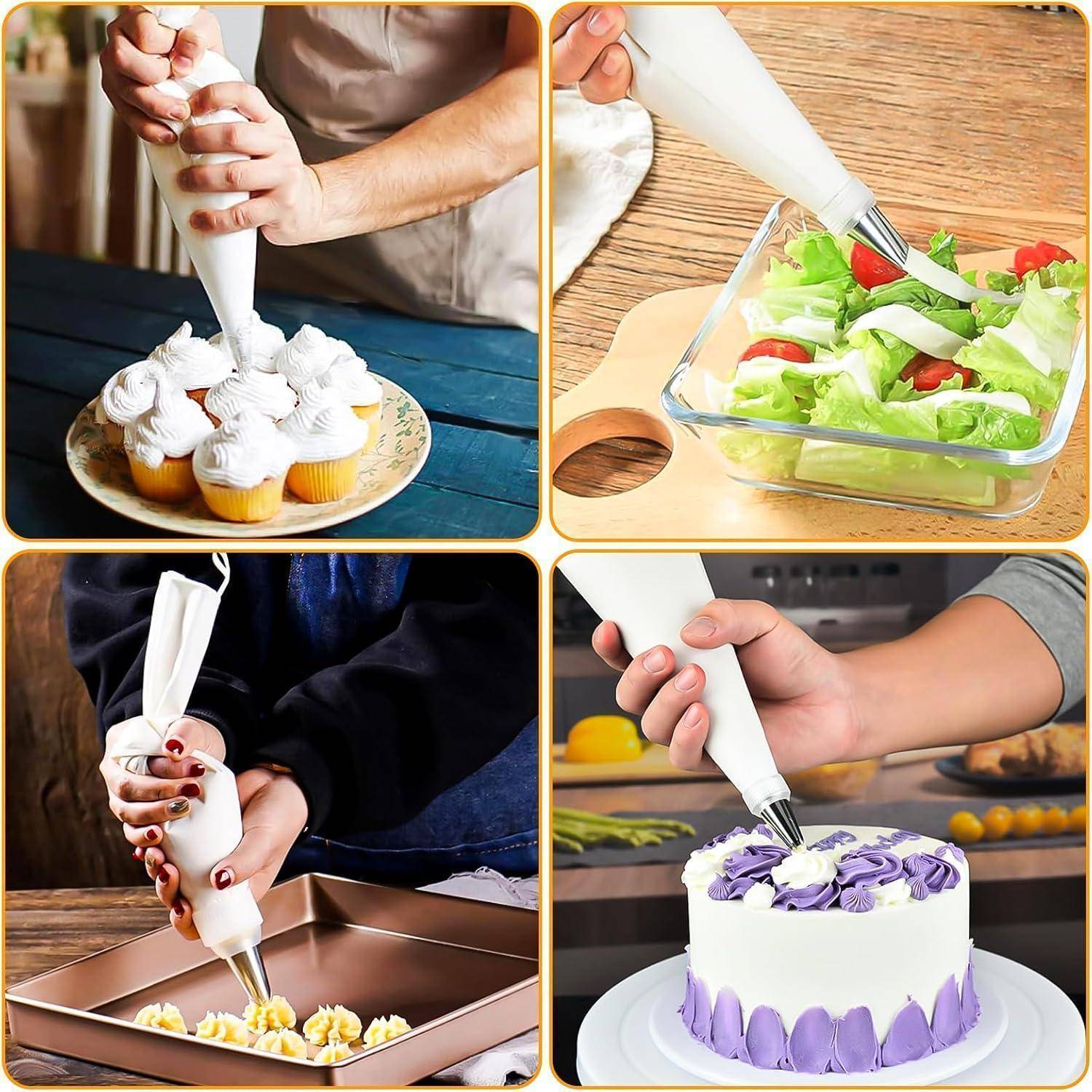 Vierteilige Collage mit einem Spritzbeutel zum Spritzen von Frosting auf Cupcakes, Salat, einem Backblech mit Teig und einem Kuchen.