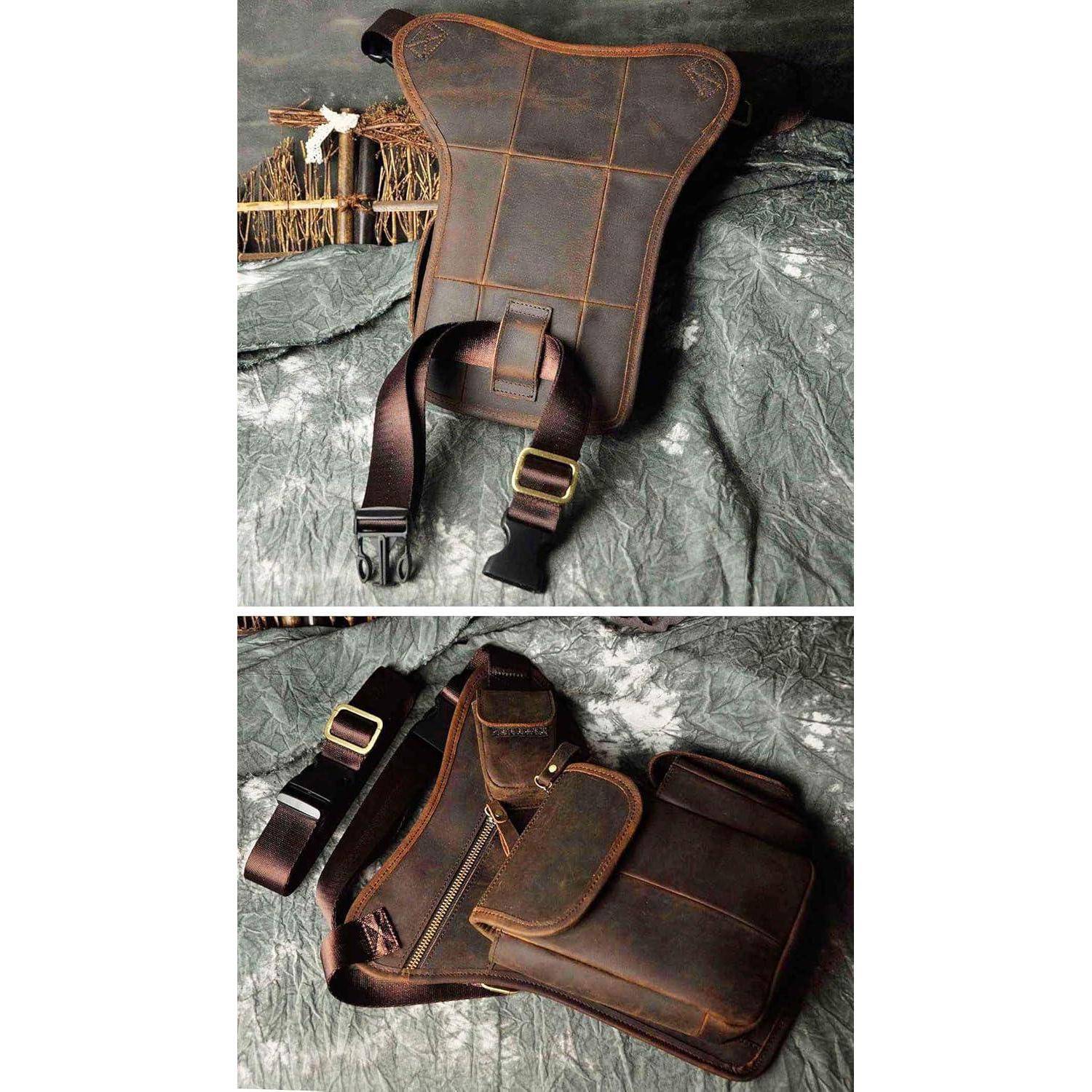 Dunkelbraune Ledertasche für die Taille mit verstellbarem Riemen, von vorne und von der Seite auf einem zerknitterten grauen Stoffhintergrund gezeigt.