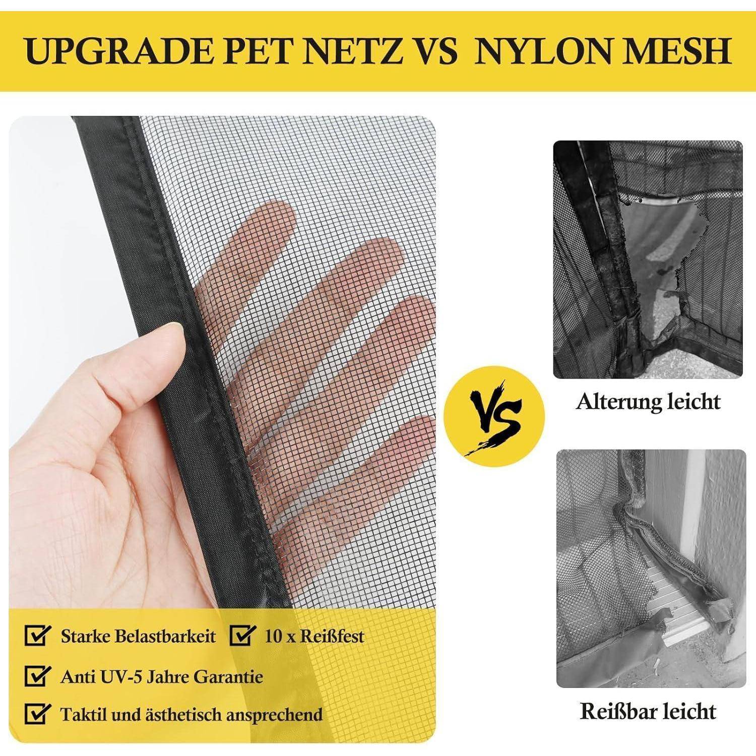 Werbevergleichsgrafik für „UPGRADE PET NETZ VS NYLONGEWEBE