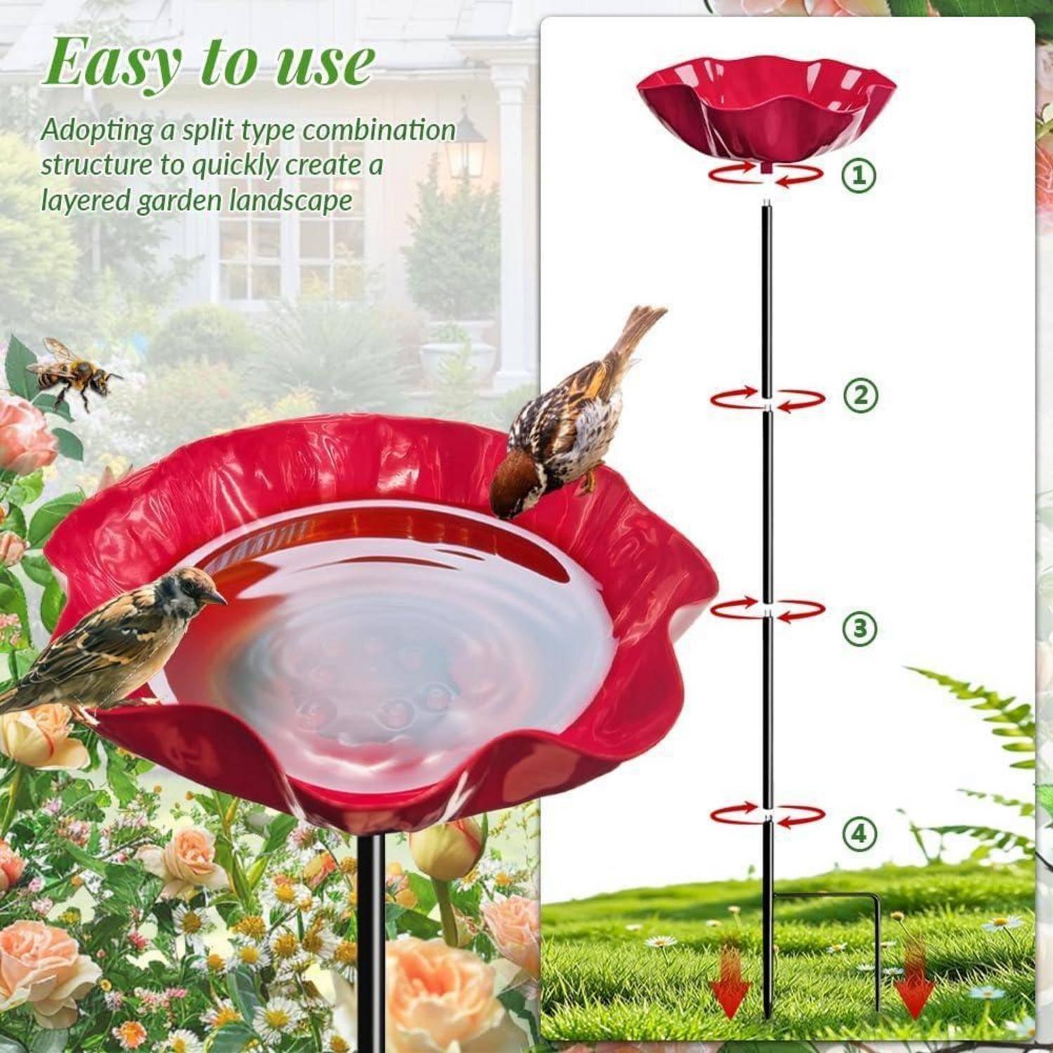 Illustration eines roten blütenförmigen Vogelbads auf einem Ständer mit Vögeln, die es benutzen, plus ein Schritt-für-Schritt-Diagramm, das die verstellbare Höhenmontage für eine gestaffelte Gartenlandschaft zeigt.