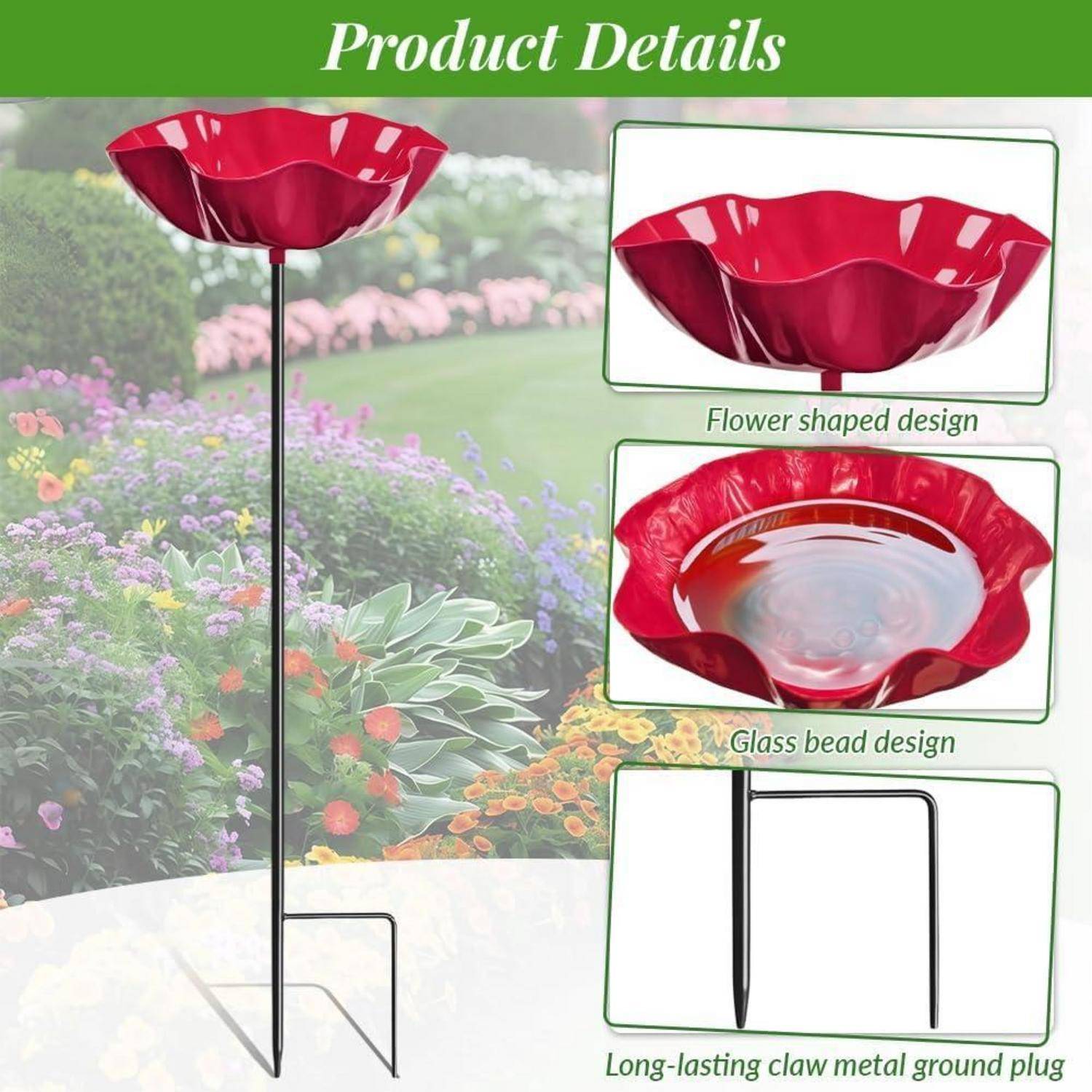Produktdetails für ein rotes, blumenförmiges Vogelfutterhaus im Garten mit Glasperlen-Design und langlebigem Krallenmetal-Bodenstecker.