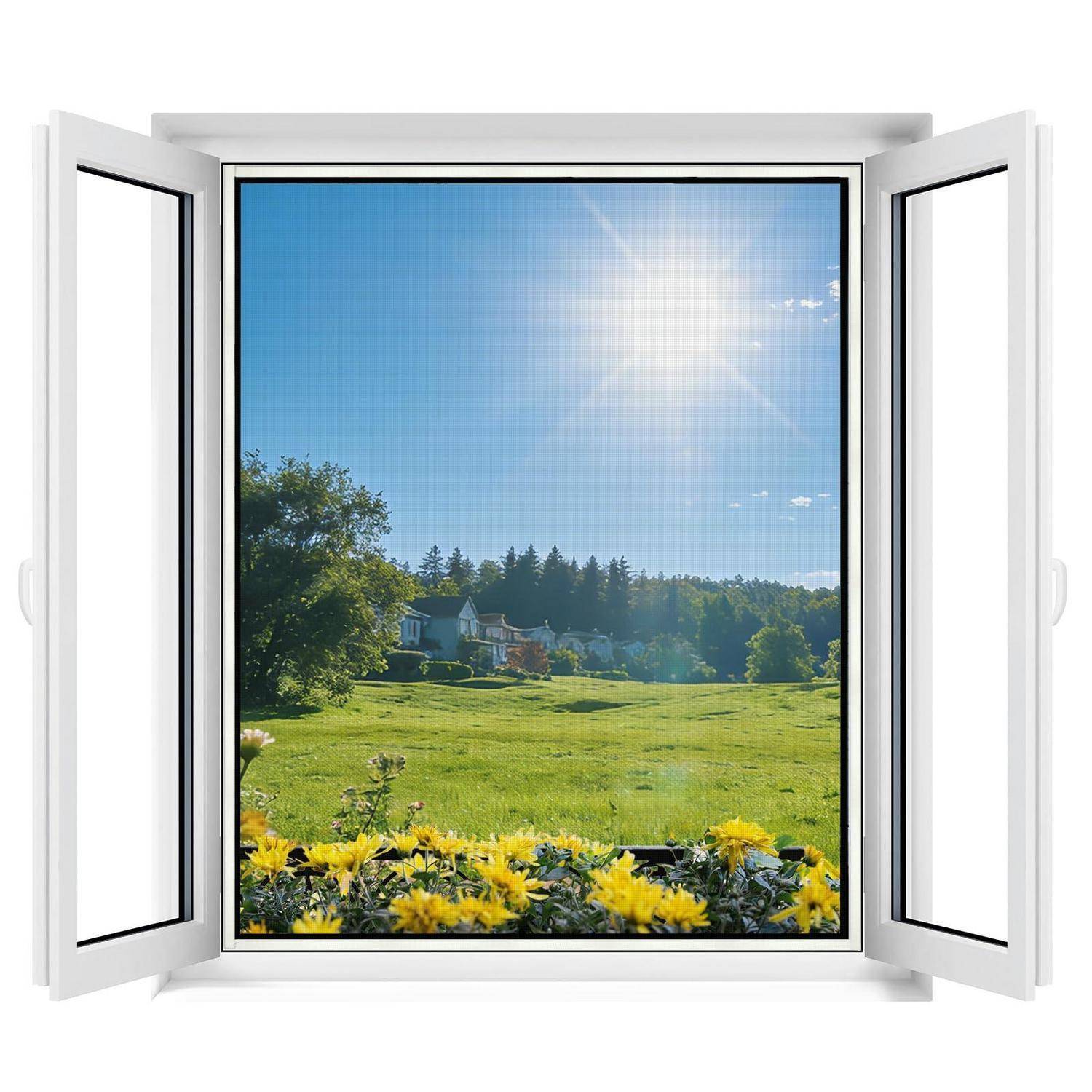 Ausblick aus offenem Fenster auf sonnige Wiese mit gelben Blumen, Bäumen und Häusern unter strahlend blauem Himmel