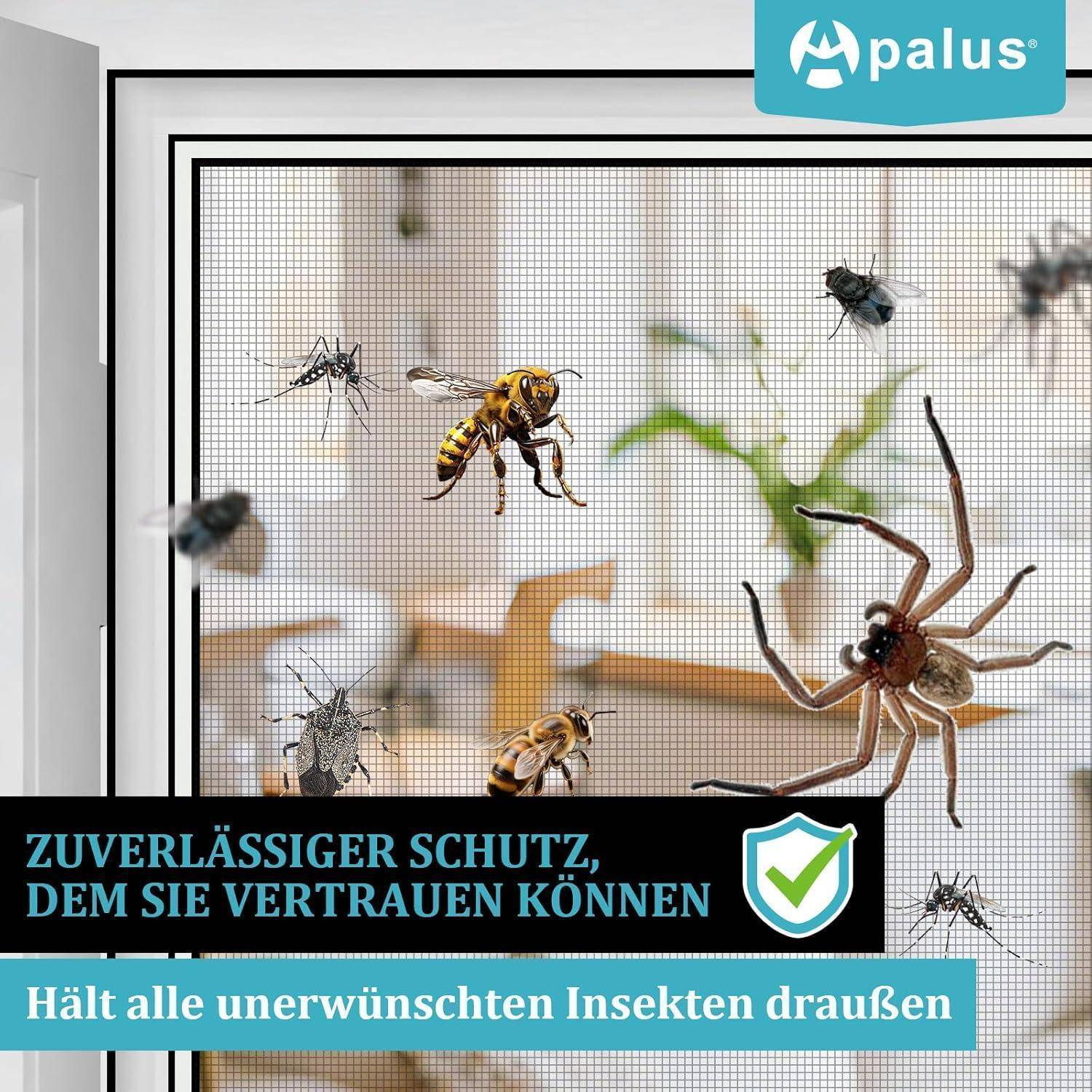 Palus Fenster-Insektenschutzgitter blockiert Insekten, mit deutschem Text, das zuverlässigen Schutz verspricht und unerwünschte Insekten fernhält.