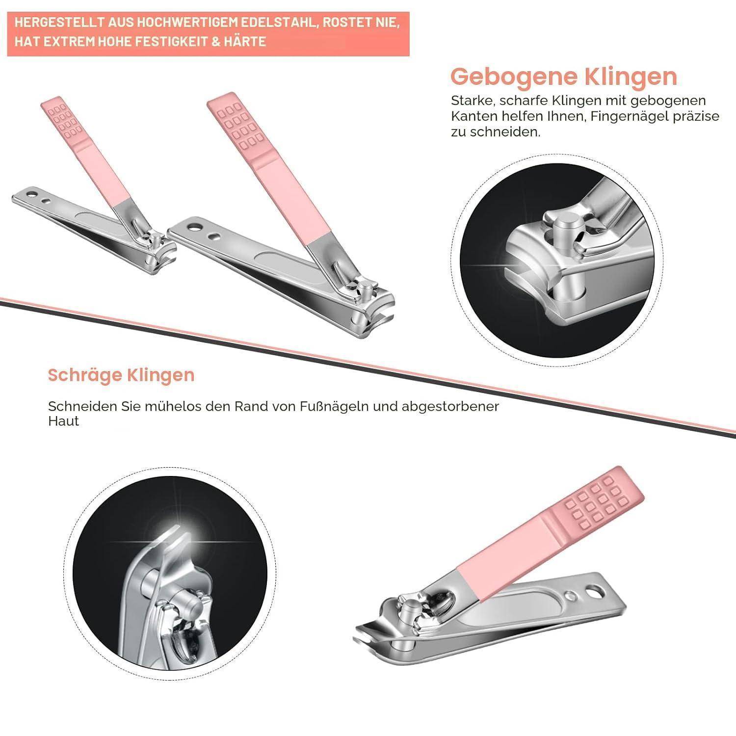 Werbegrafik von Nagelknipsern aus Edelstahl mit rosa Griffen, die gebogene und abgewinkelte Klingen für präzises Schneiden von Finger- und Fußnägeln zeigt.