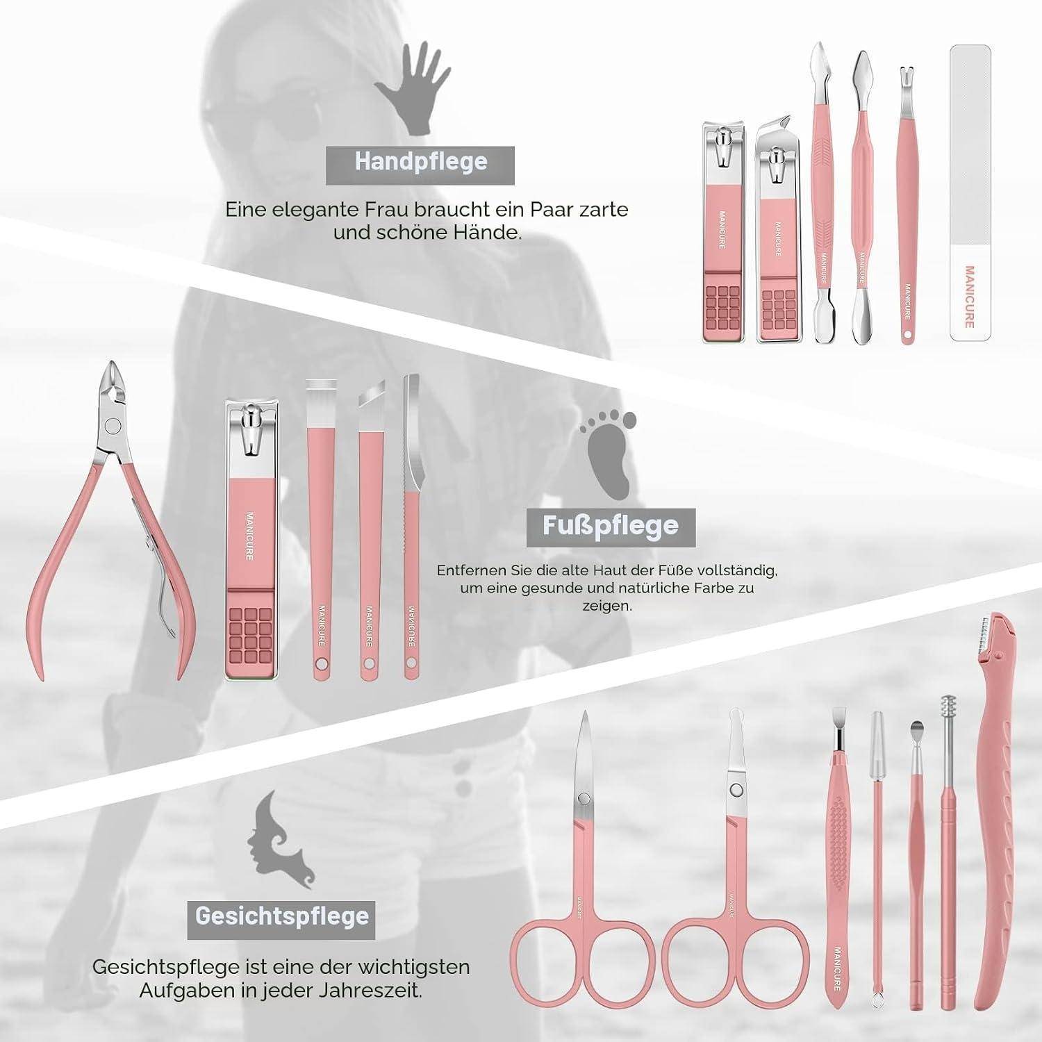 Maniküre Pediküre Set 18 Teile Edelstahl Rosa Reiseetui