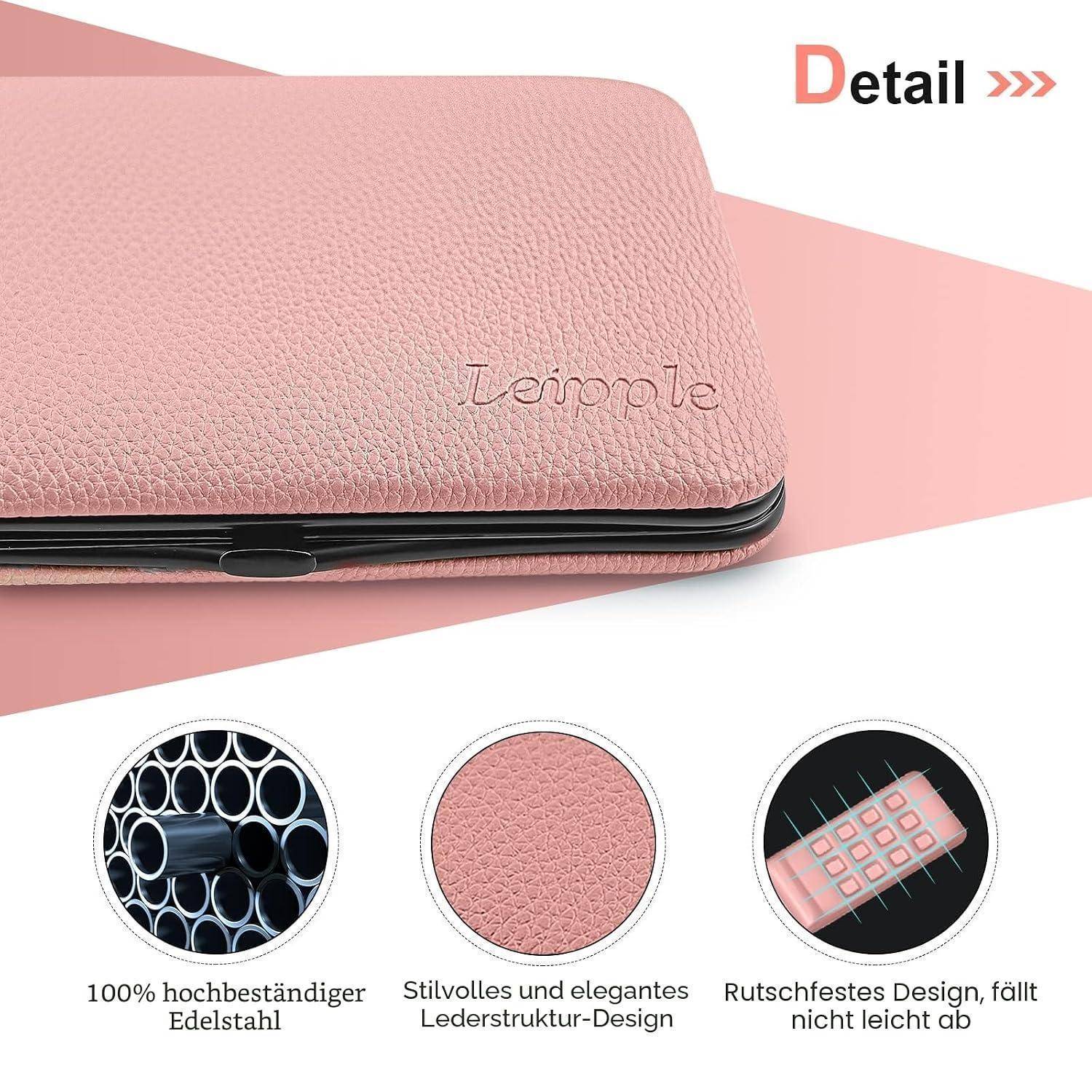 Detailaufnahme einer rosa Ledertextur-Tasche mit der Bezeichnung „Detail