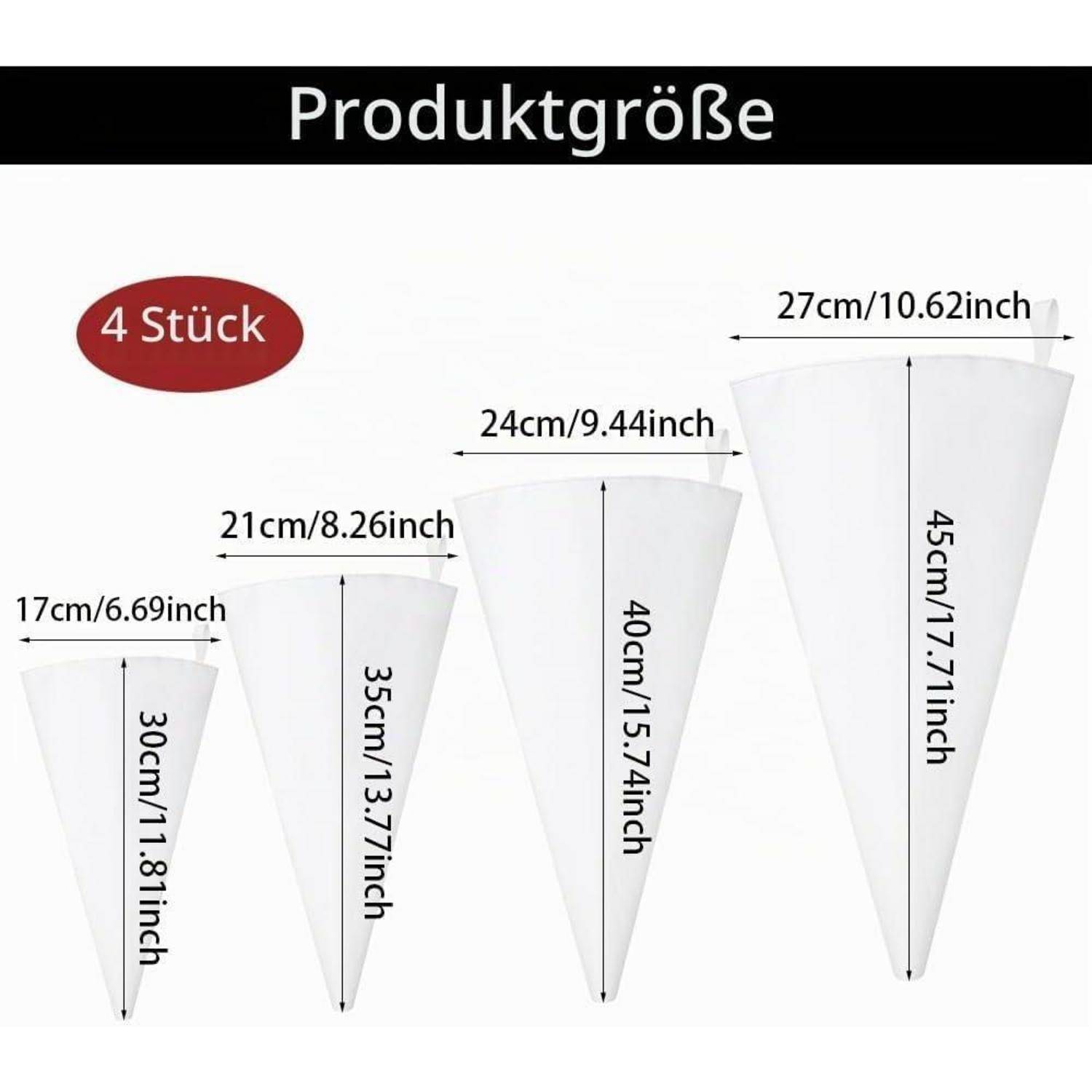 Größentabelle für Produkte mit 4 kegel­förmigen Filtern mit Breiten von 17 cm, 21 cm, 24 cm und 27 cm sowie Höhen von 30 cm, 35 cm, 40 cm und 45 cm.