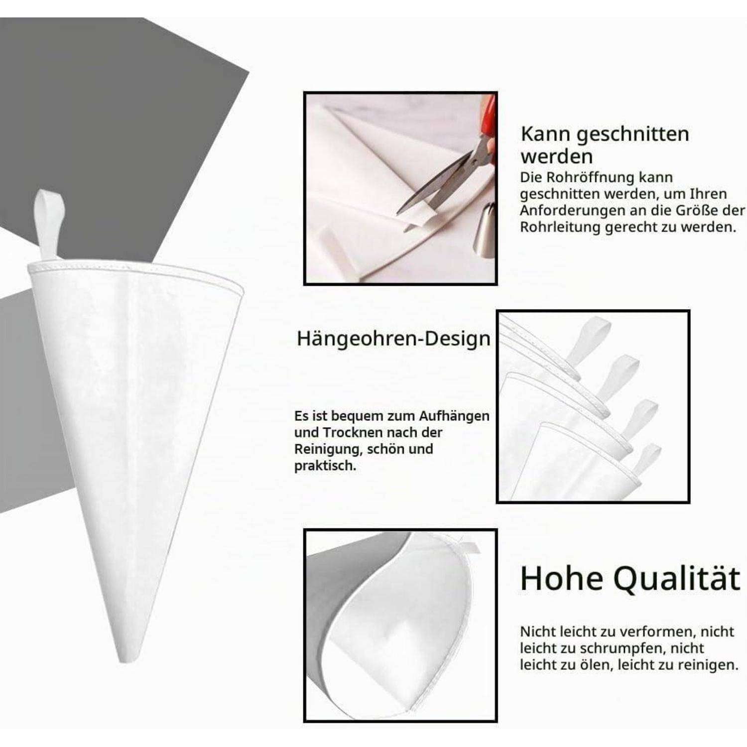 Weiße konische Einweg-Spritzbeutel mit Aufhängeschleife, dargestellt mit deutschen Beschriftungen, die die zuschneidbare Spitze, einfaches Aufhängen und hohe Qualität hervorheben.