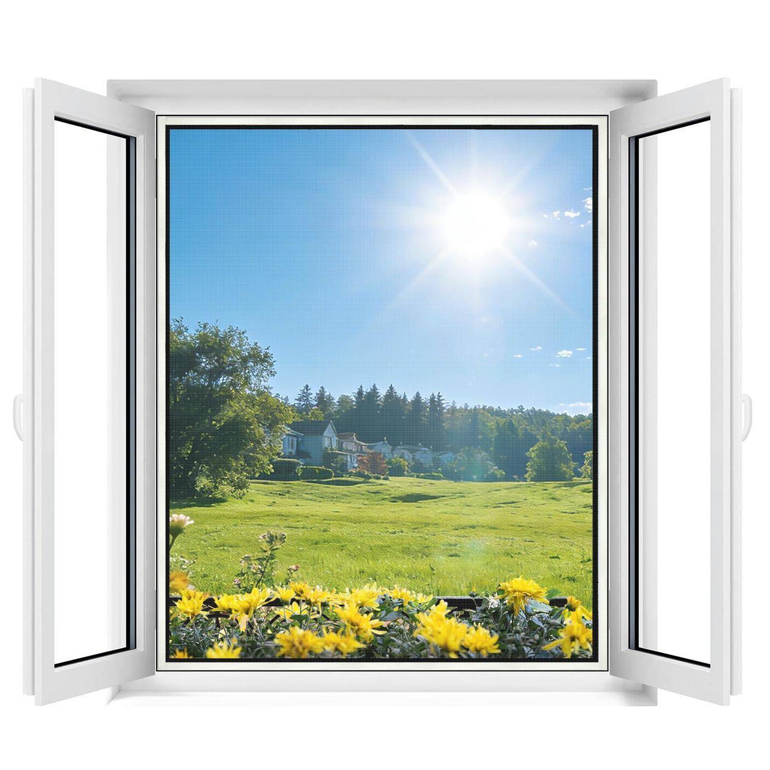 Offenes weißes Fensterrahmen mit Blick auf sonniges grünes Feld, Bäume, Häuser und gelbe Blumen unter strahlend blauem Himmel.
