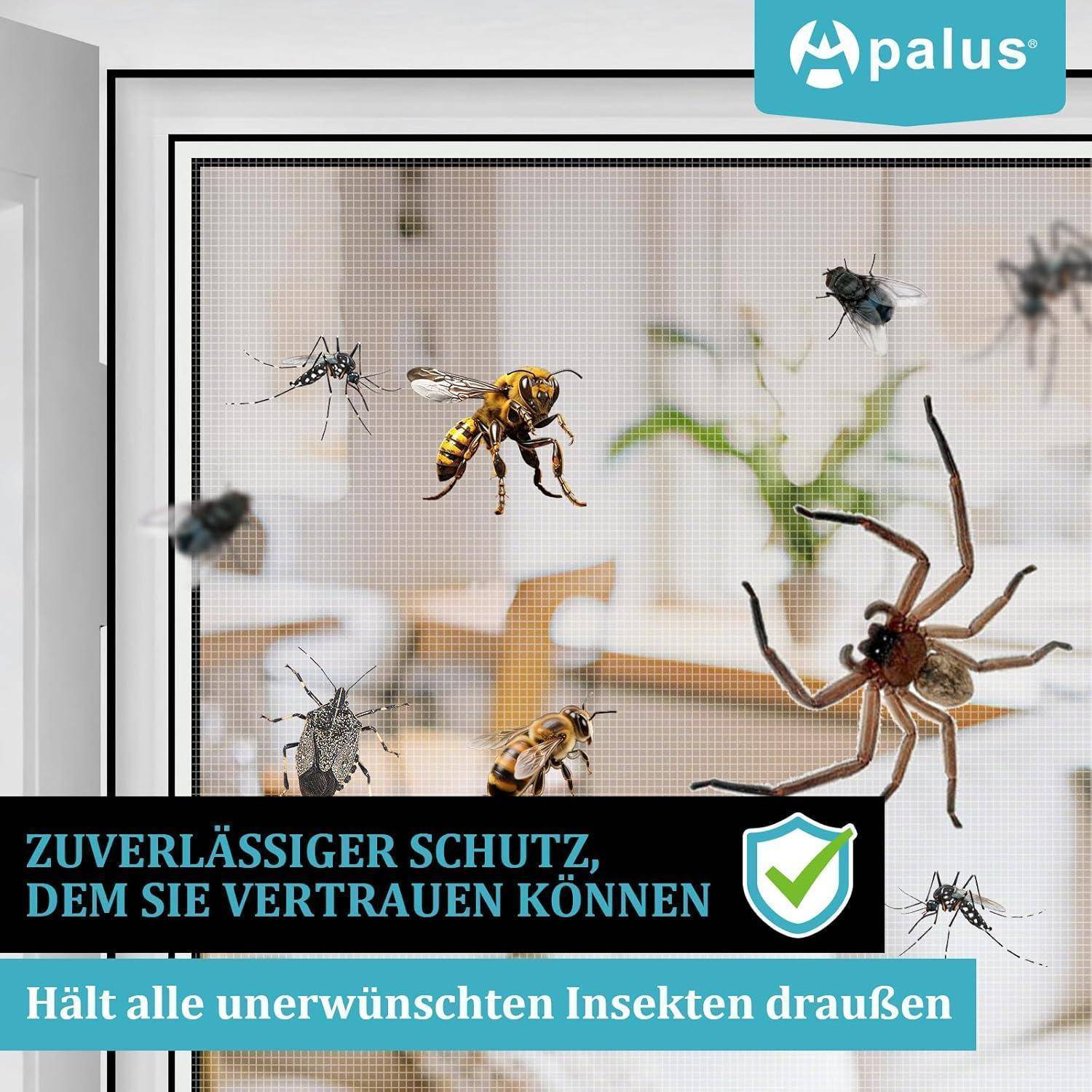 Fliegengitter an einem Fenster mit Mücken, Biene, Fliege und Spinne außen; deutscher Text sagt, dass zuverlässiger Schutz unerwünschte Insekten fernhält.