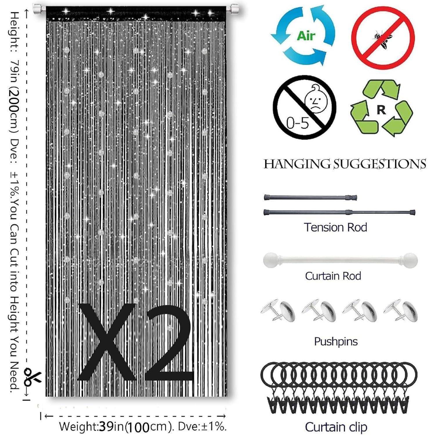 Silberfarbenes metallisches Fadengardinen-Panel, 79 x 39 Zoll, mit Aufhängevorschlägen für Spannstange, Gardinenstange, Heftzwecken und Gardinenklips.
